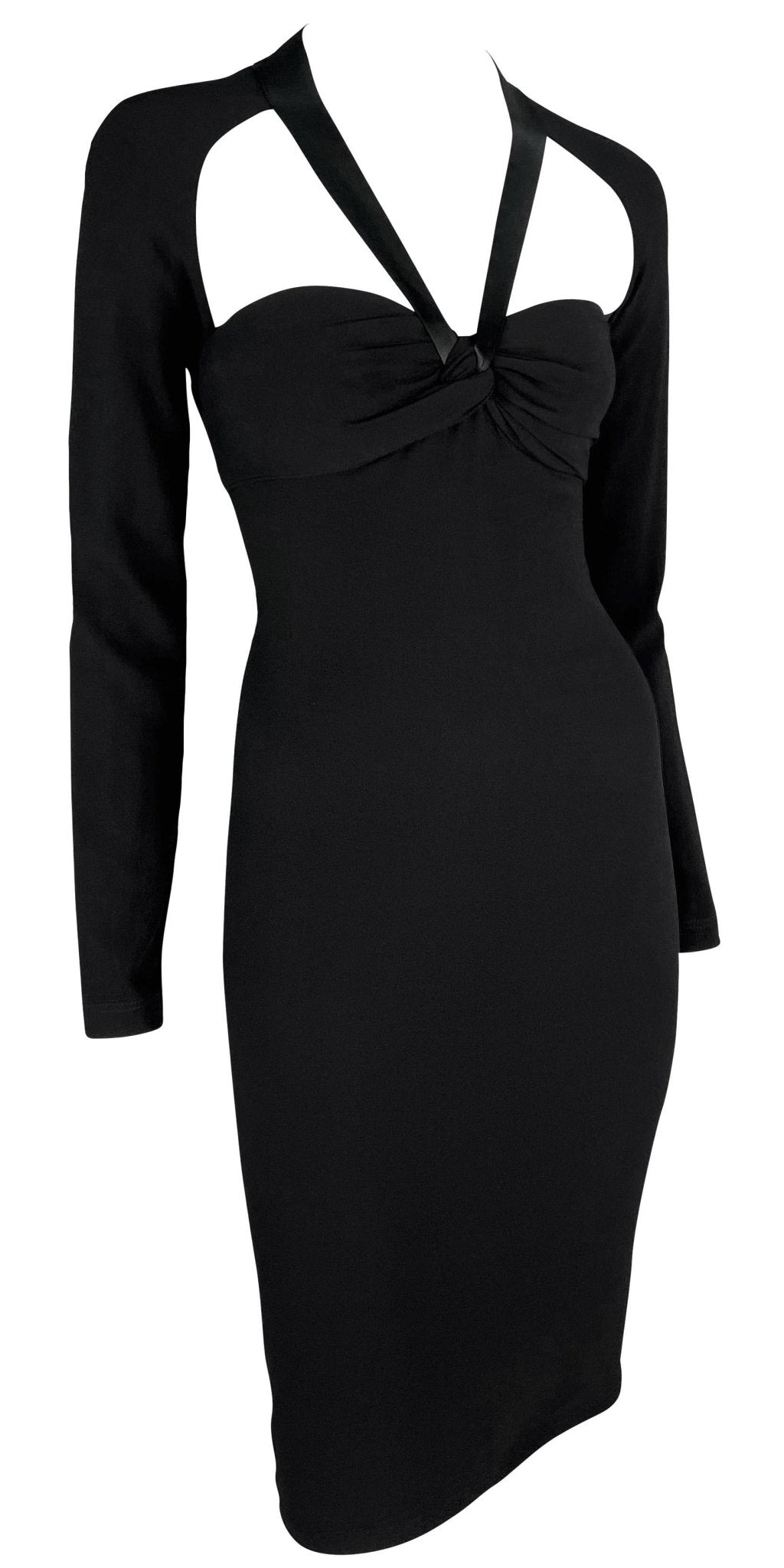 2000s Versace by Donatella Black Ribbon Halter Neck Medusa Cutout Dress - RealList