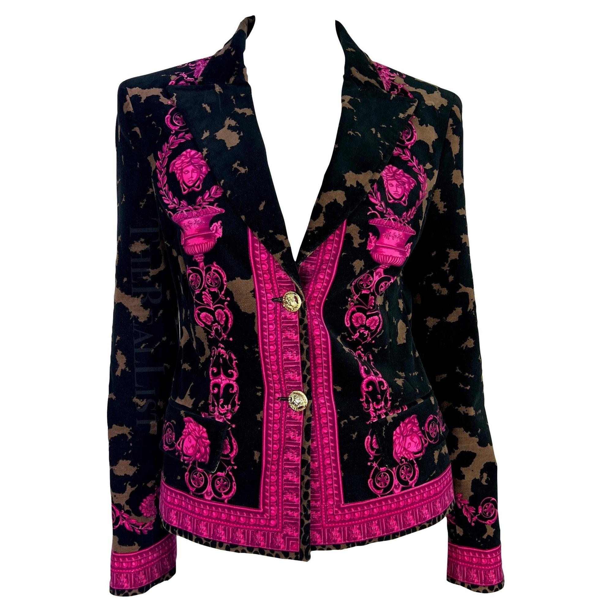 2000s Versace by Donatella Brown Pink Velvet Baroque Medusa Blazer Jacket - RealList