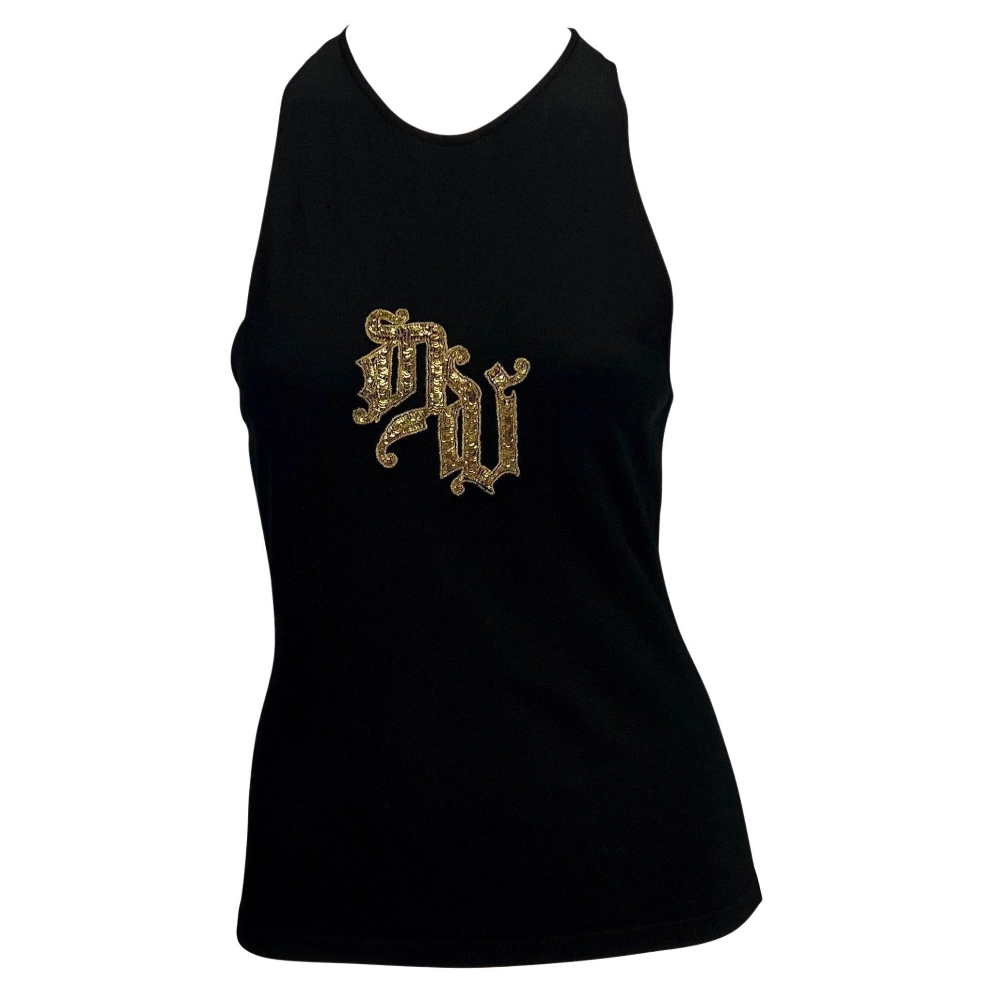 2000s Versace by Donatella Gold Sequin DV Logo Black Stretch Racerback Tank Top Y2K - RealList
