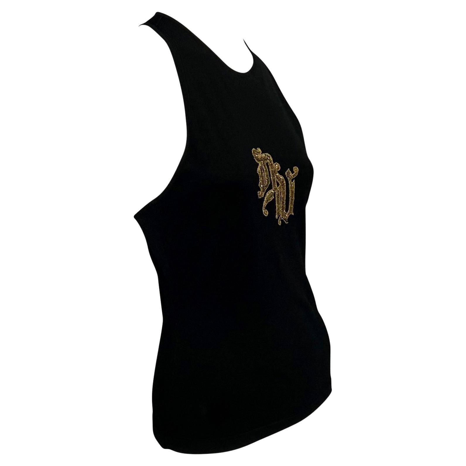 2000s Versace by Donatella Gold Sequin DV Logo Black Stretch Racerback Tank Top Y2K - RealList