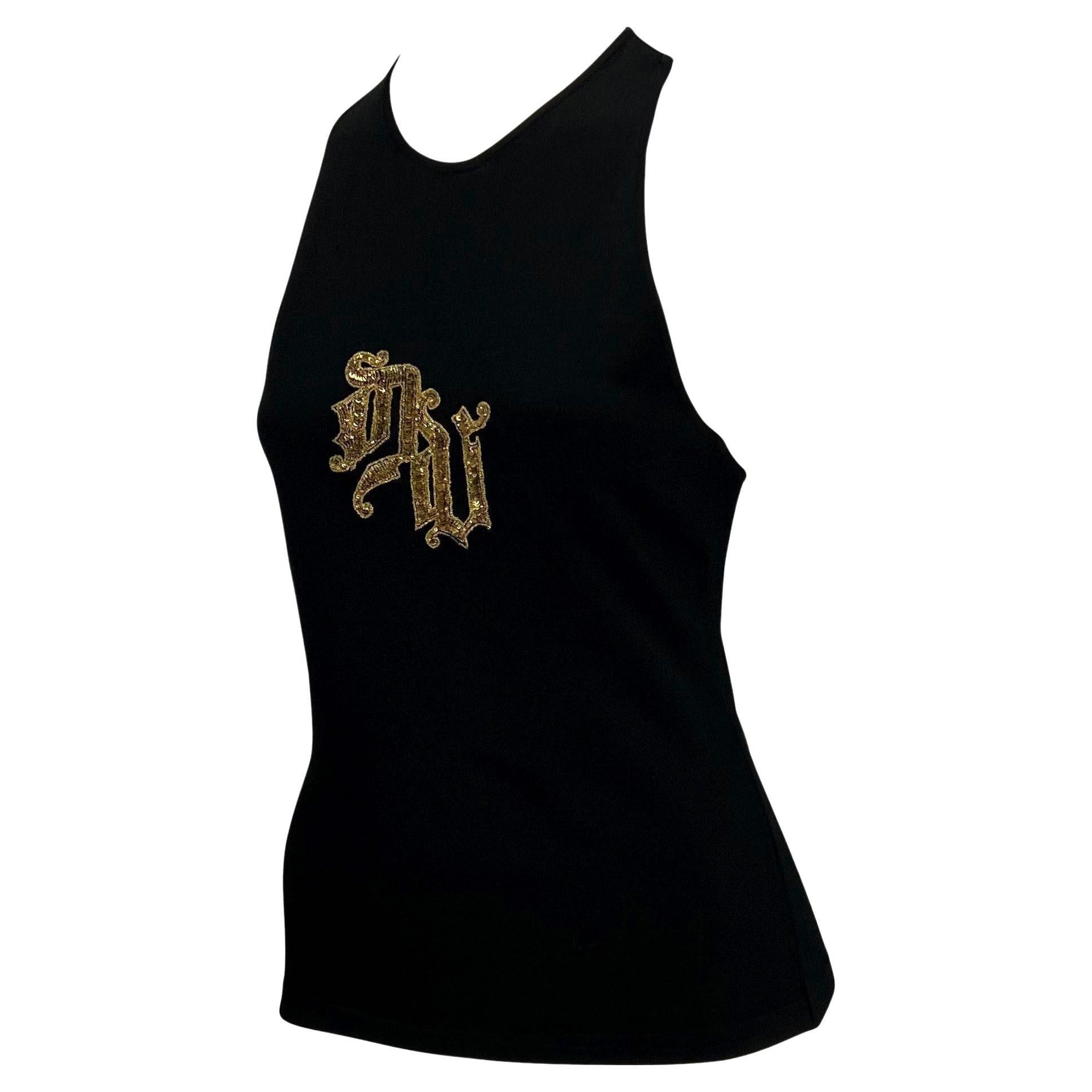 2000s Versace by Donatella Gold Sequin DV Logo Black Stretch Racerback Tank Top Y2K - RealList