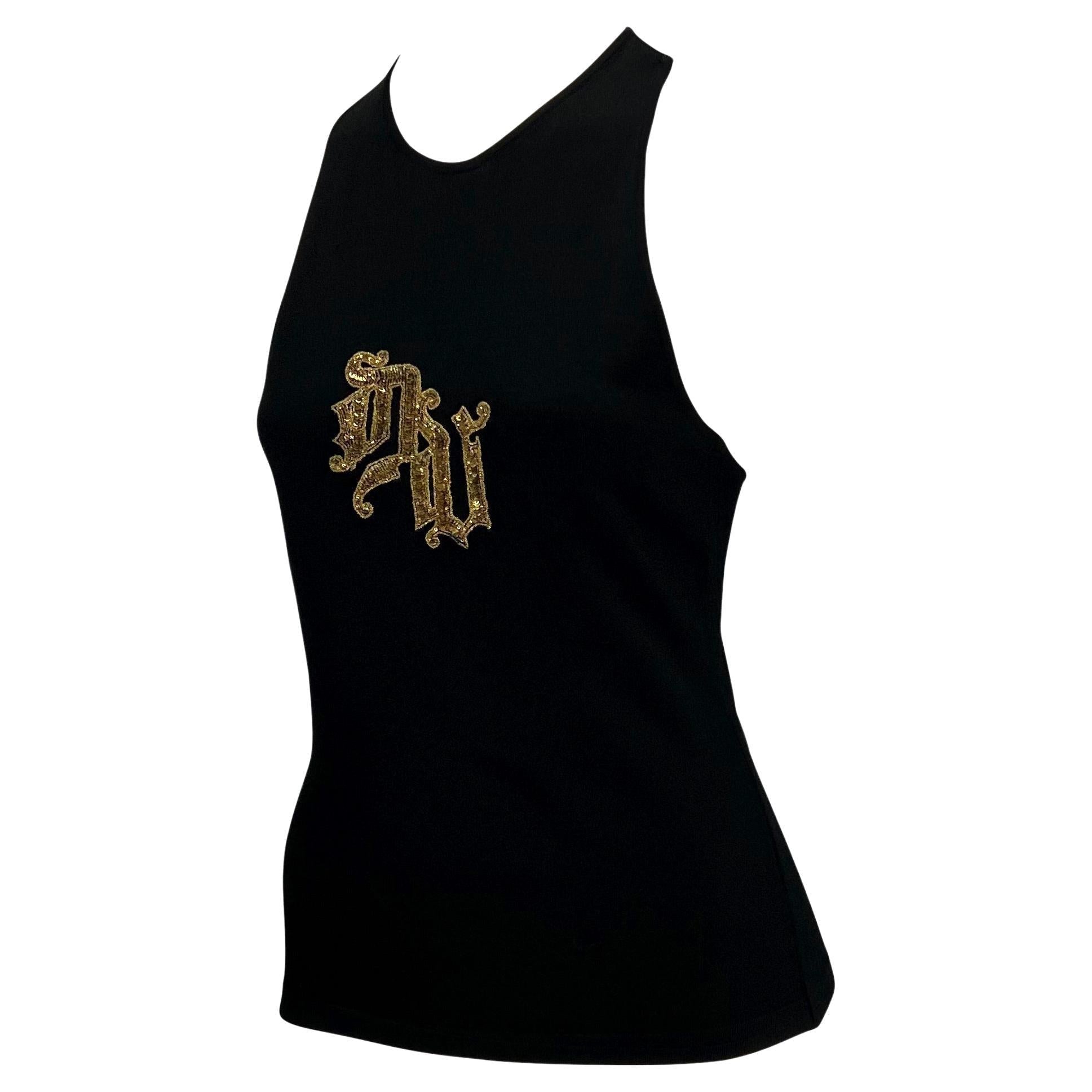 2000s Versace by Donatella Gold Sequin DV Logo Black Stretch Racerback Tank Top Y2K - RealList