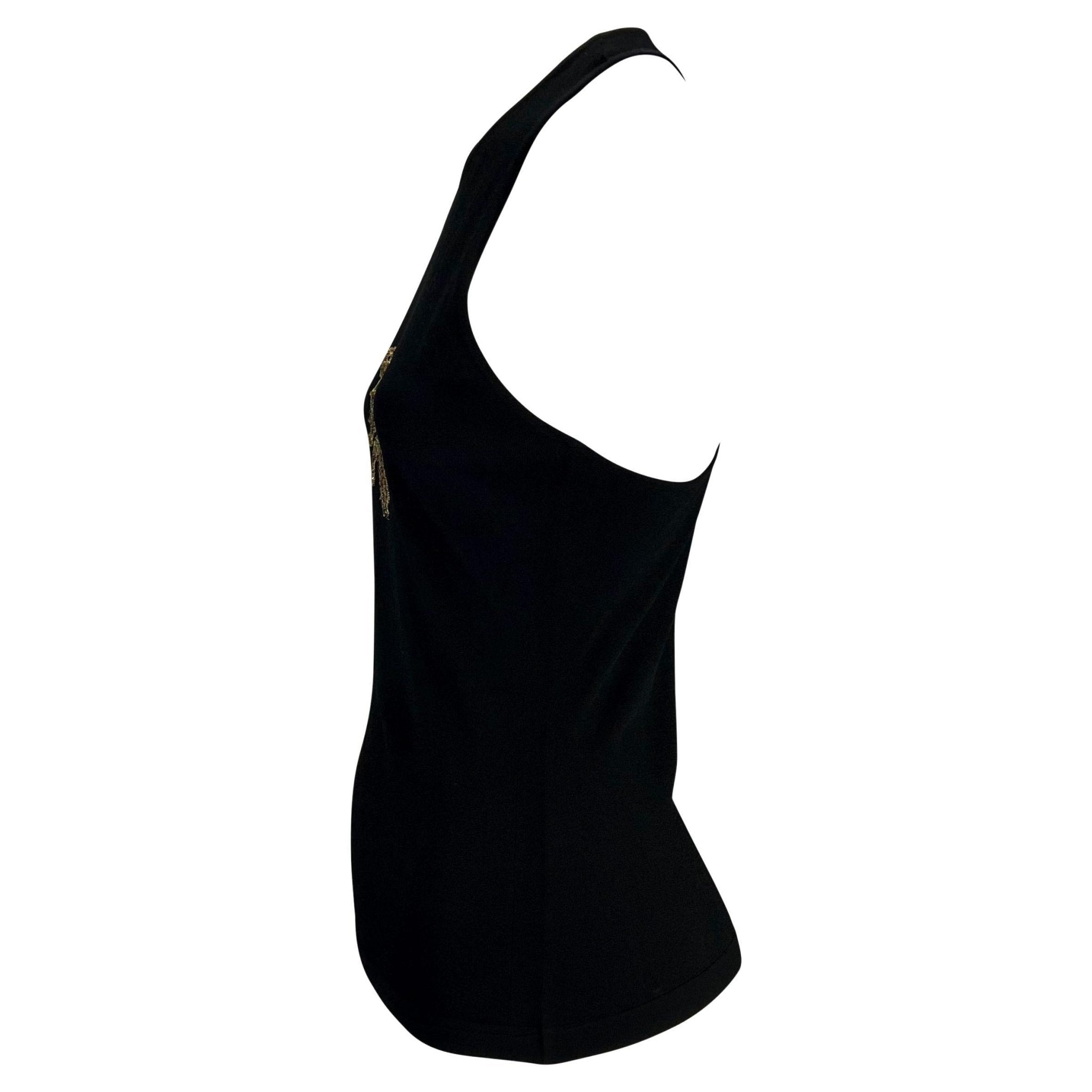 2000s Versace by Donatella Gold Sequin DV Logo Black Stretch Racerback Tank Top Y2K - RealList