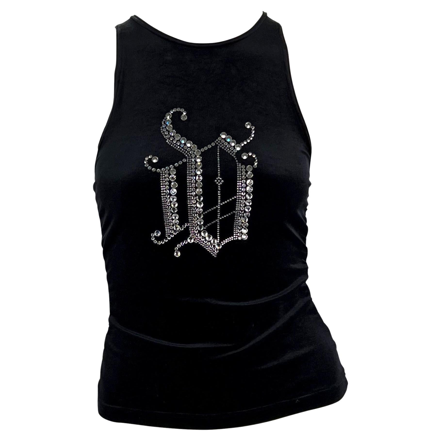 2000s Versace by Donatella Rhinestone Monogram Logo Black Velvet Stretch Tank Top - RealList