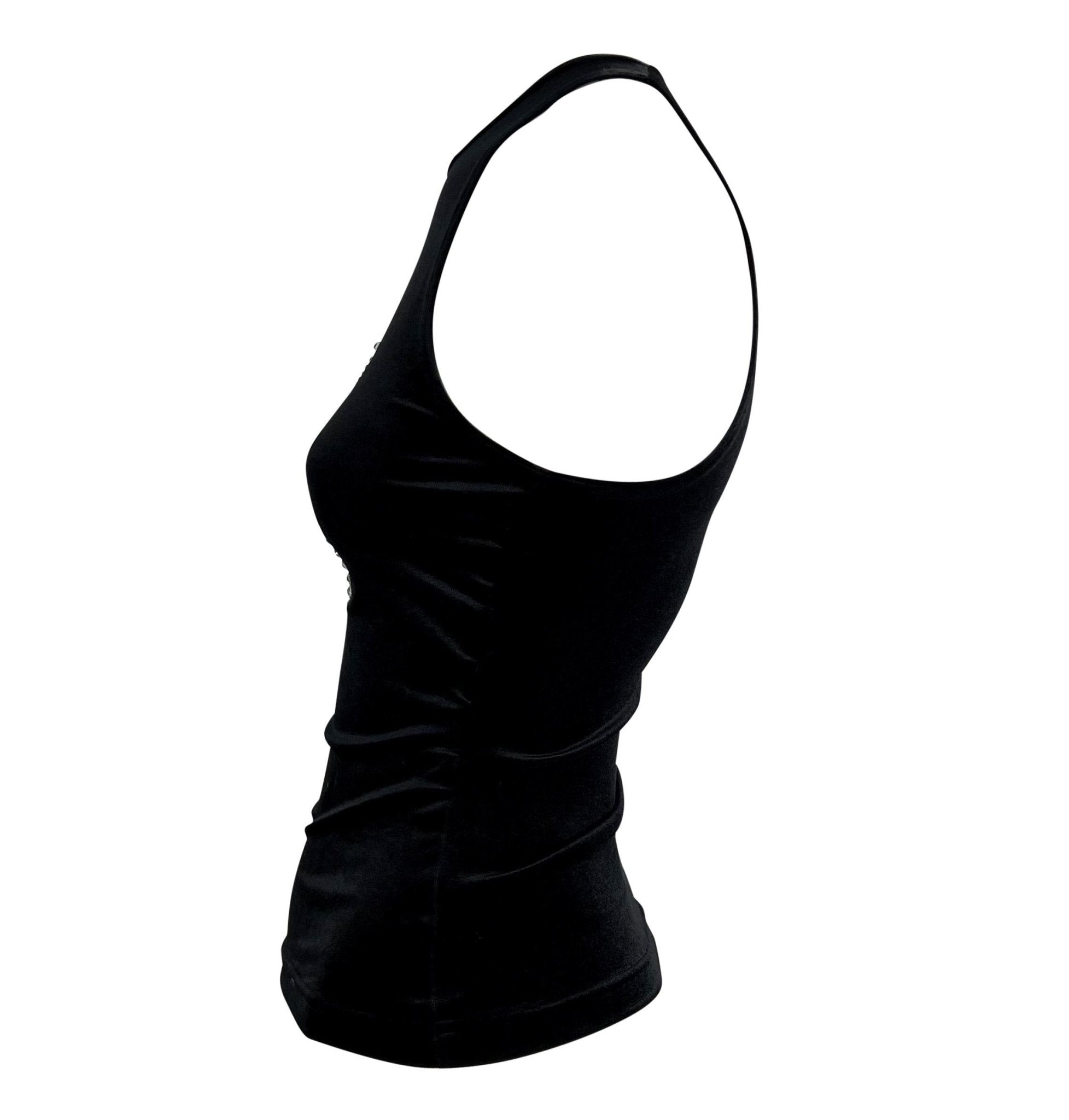 2000s Versace by Donatella Rhinestone Monogram Logo Black Velvet Stretch Tank Top - RealList