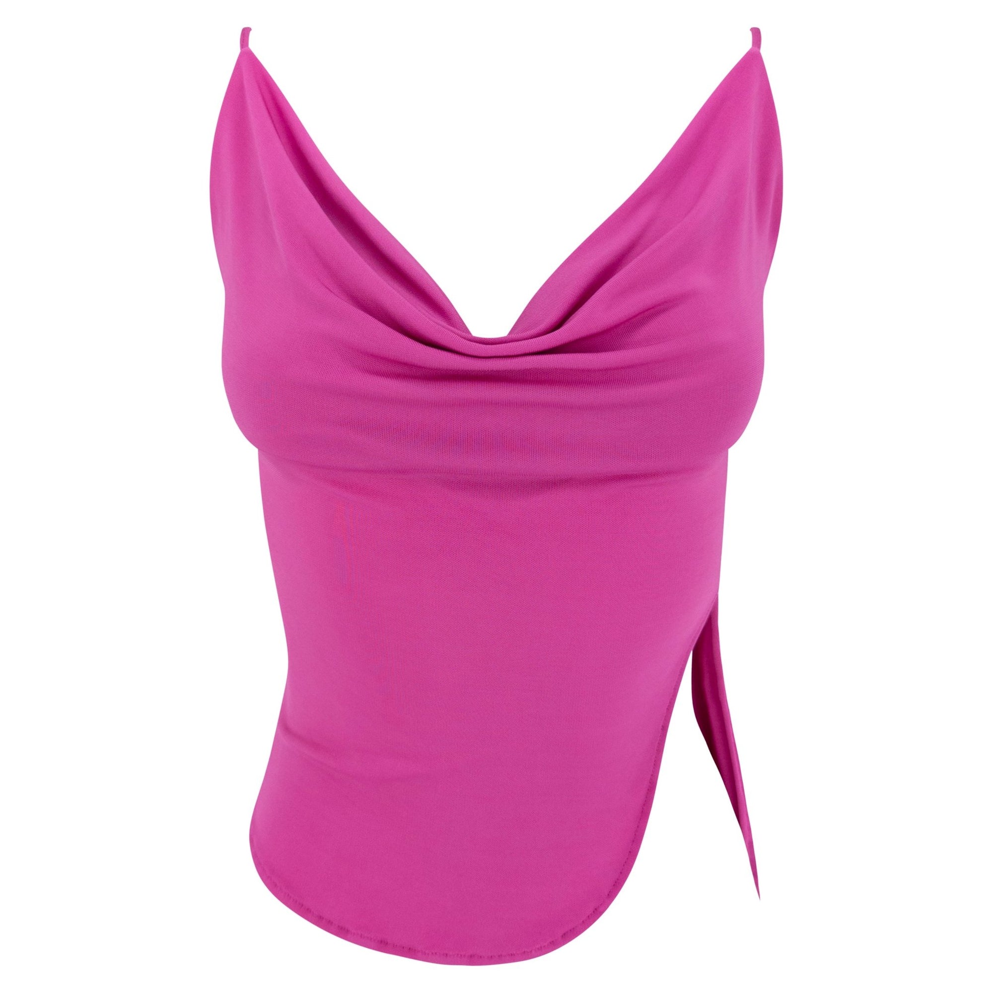 2000s Yigal Azrouël Hot Pink Viscose Slashed Cowl Neck Tank Top - RealList