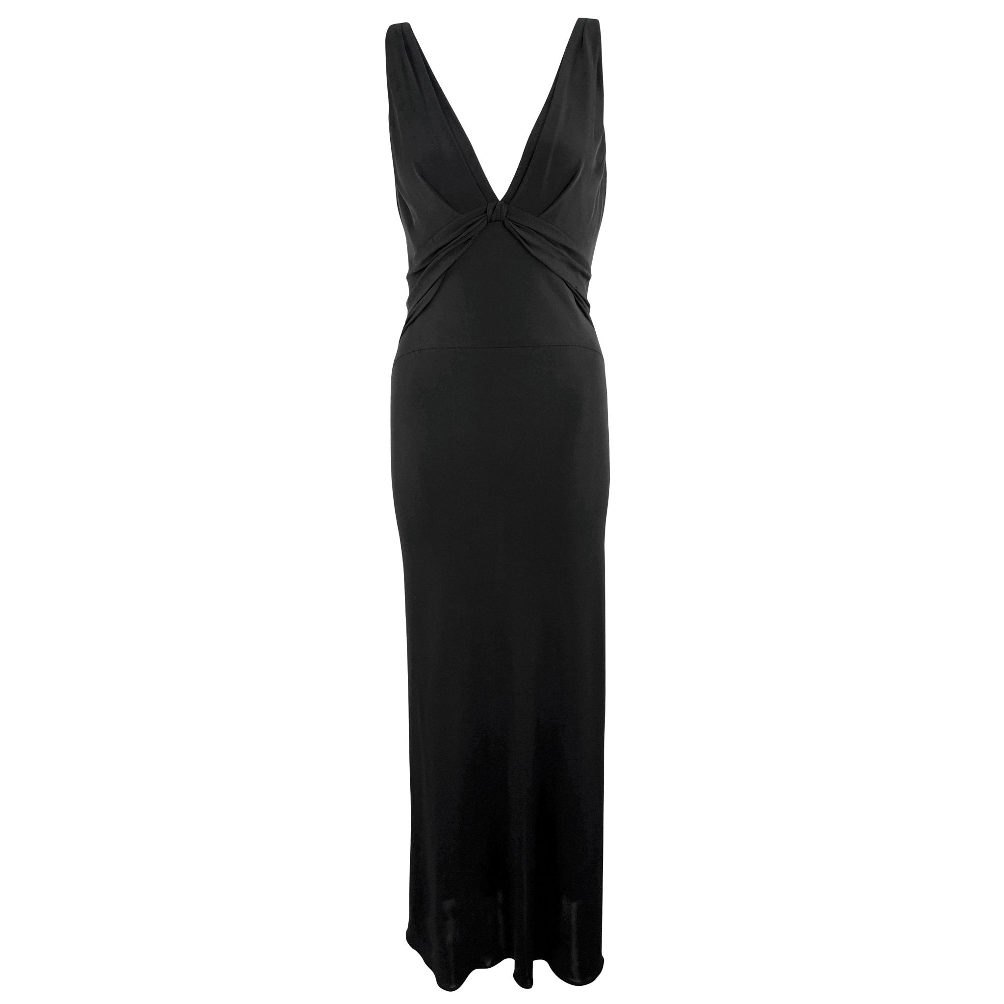 2000s Yigal Azrouël Semi - Sheer Black Bodycon Chiffon Trim Plunging Gown - RealList