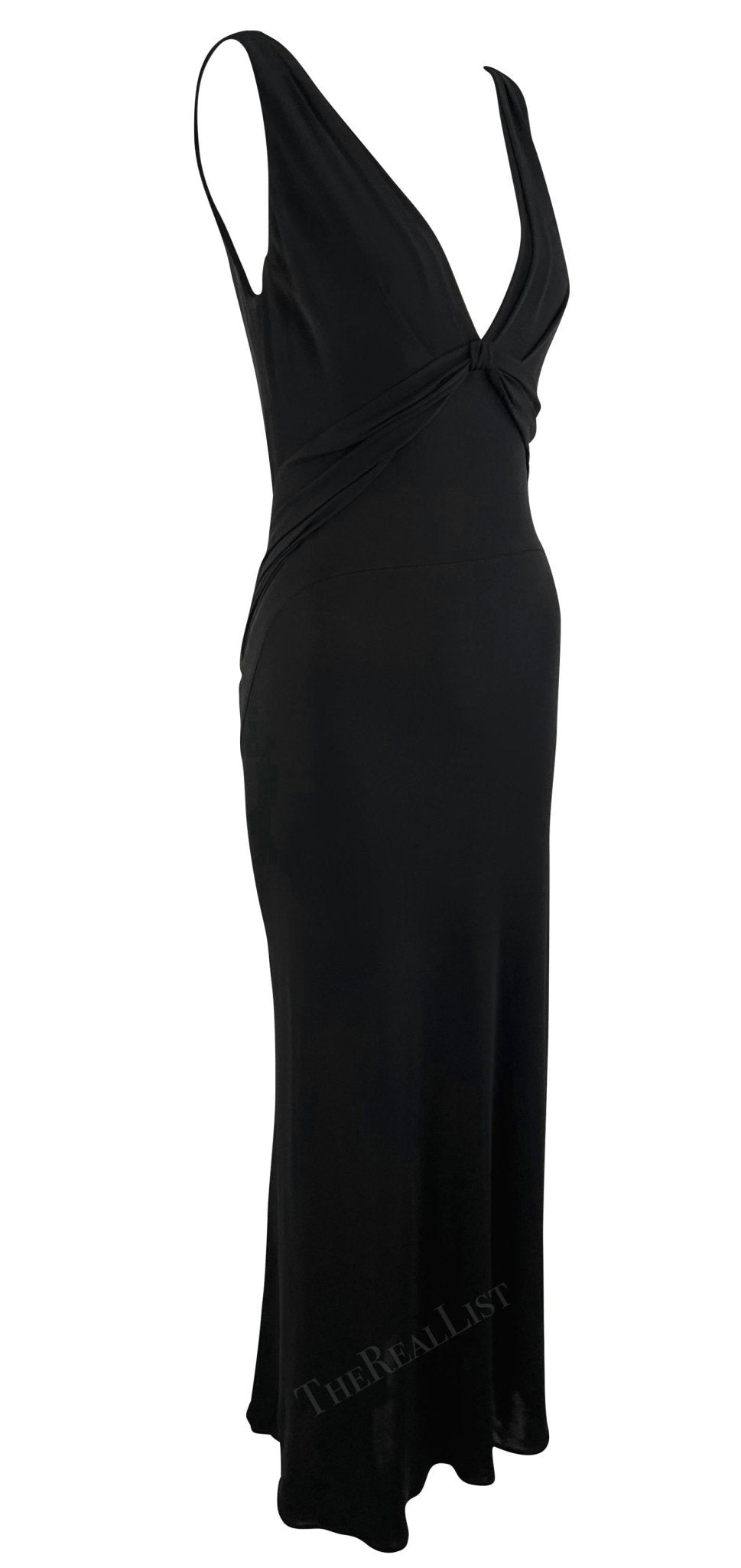 2000s Yigal Azrouël Semi - Sheer Black Bodycon Chiffon Trim Plunging Gown - RealList