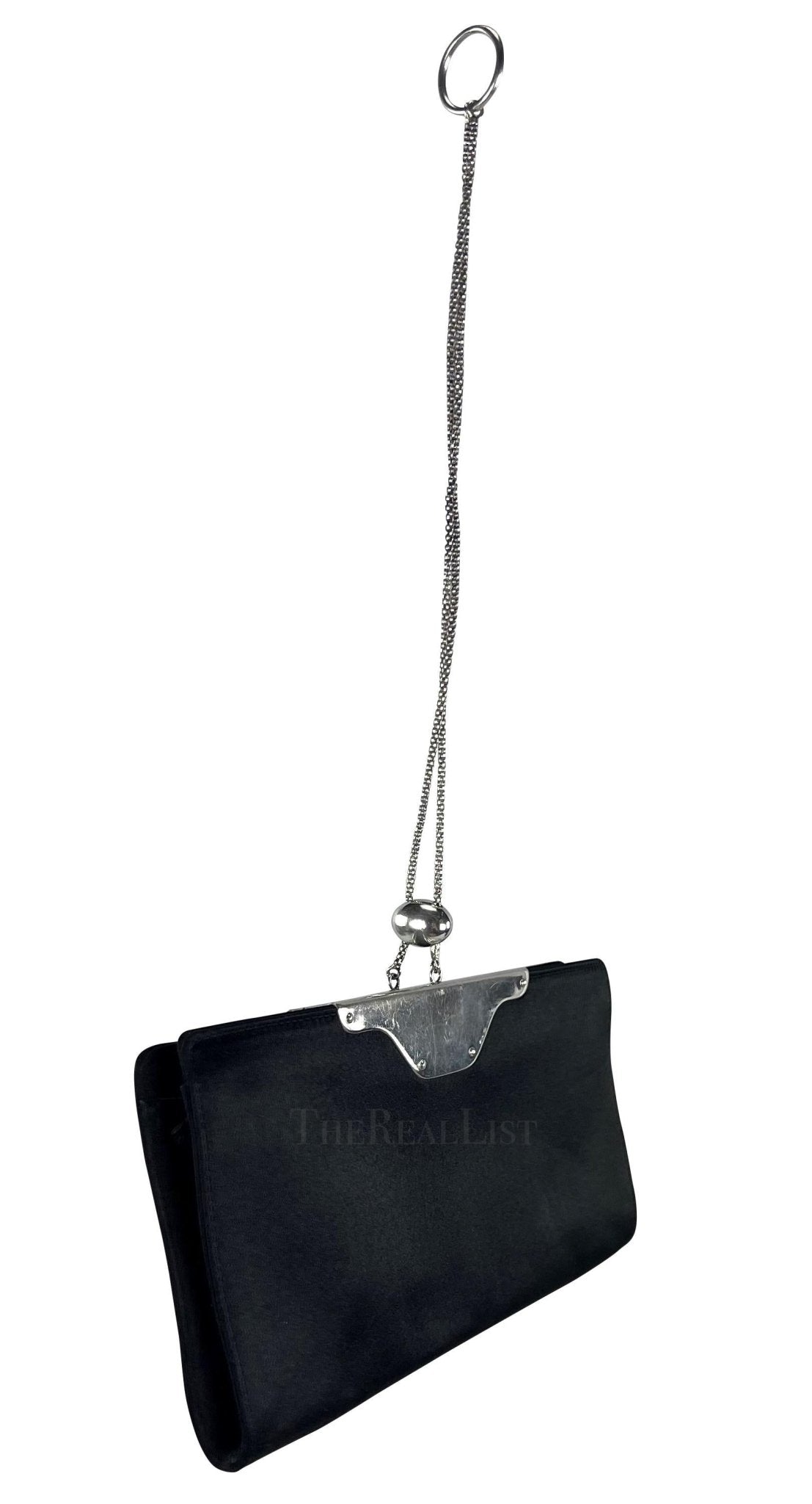 2000s Yves Saint Laurent Black Satin Sterling Silver Ring Evening Clutch - RealList