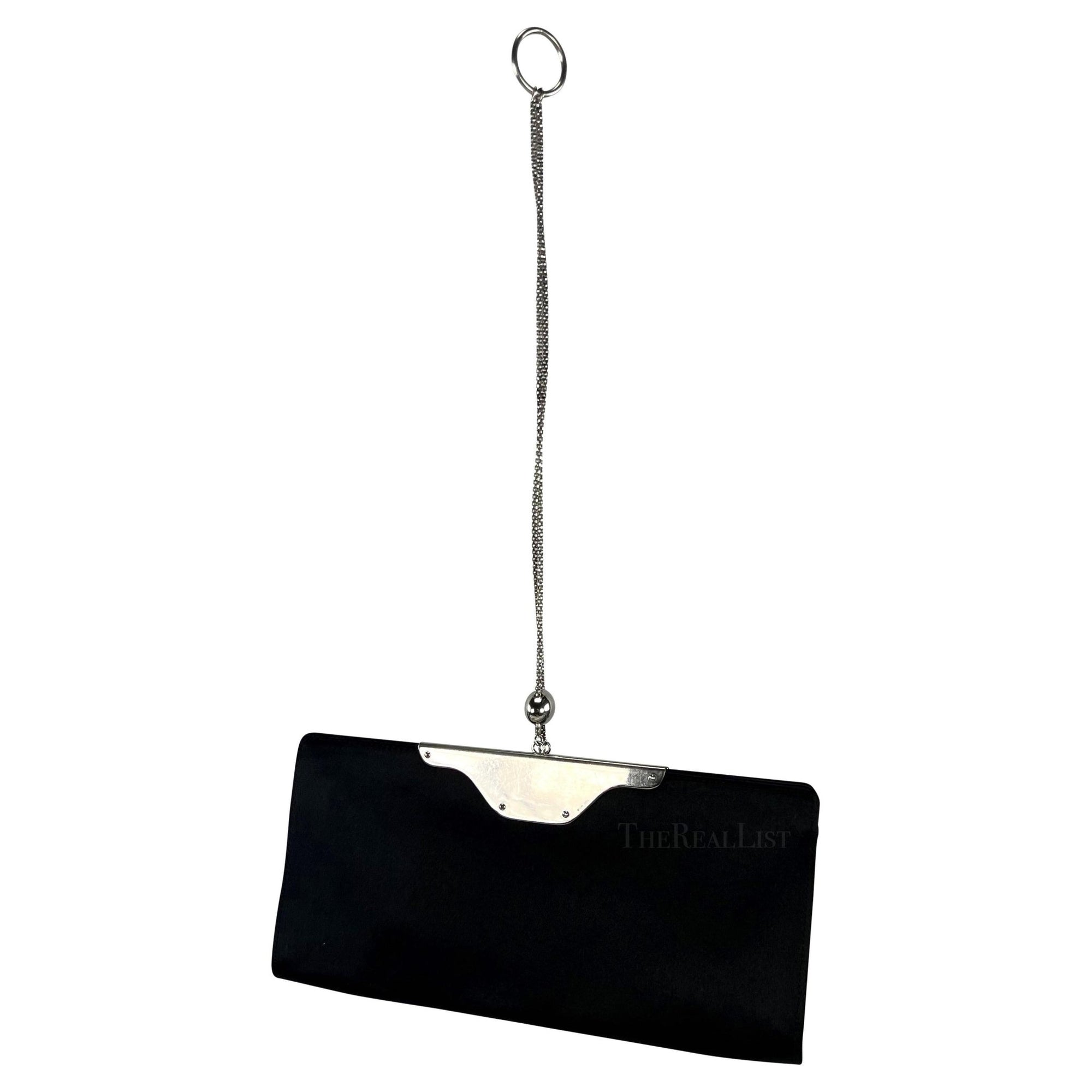 2000s Yves Saint Laurent Black Satin Sterling Silver Ring Evening Clutch - RealList