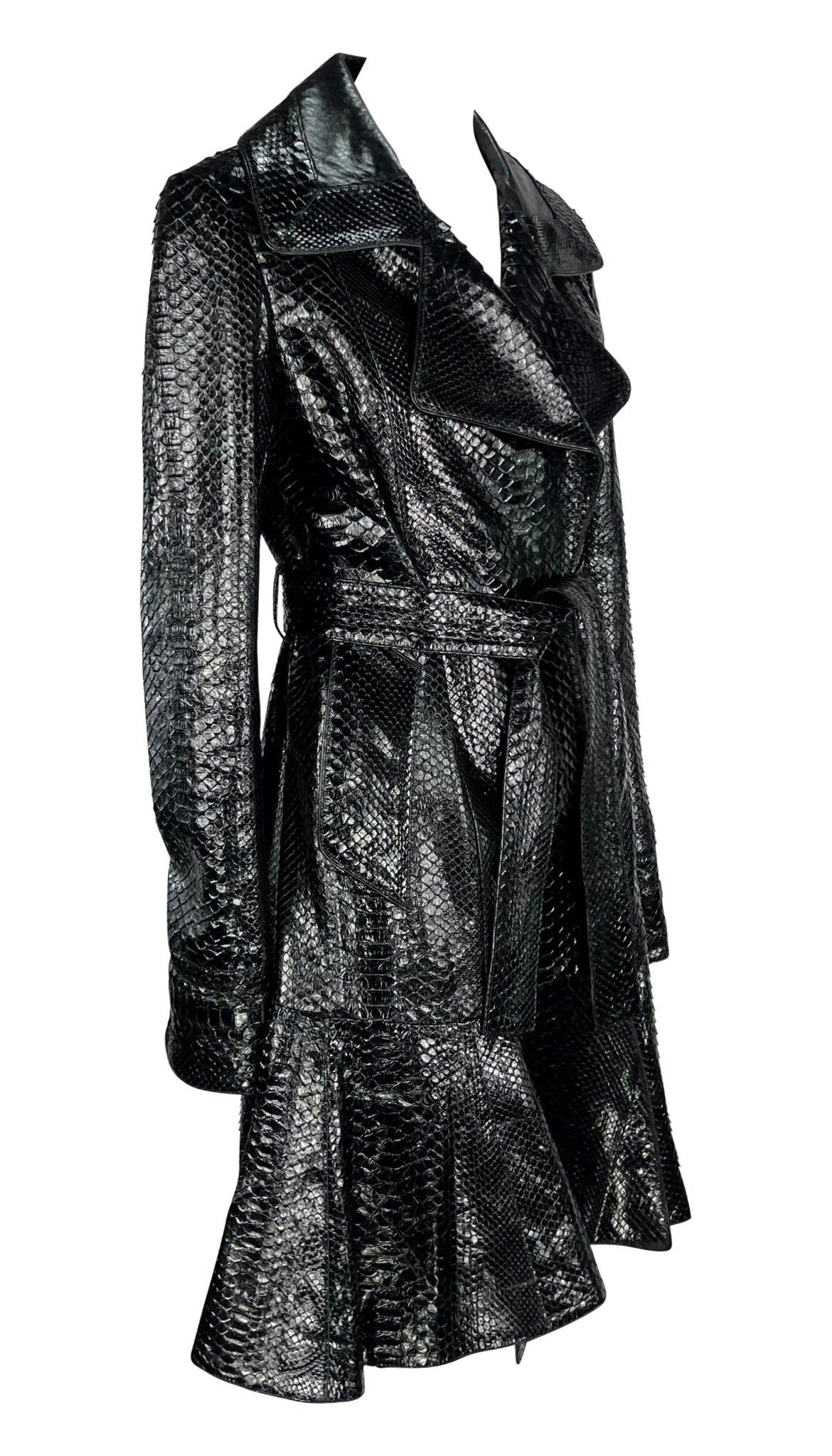 2000s Yves Saint Laurent by Tom Ford Black Python Skin Flared Hem Coat - RealList