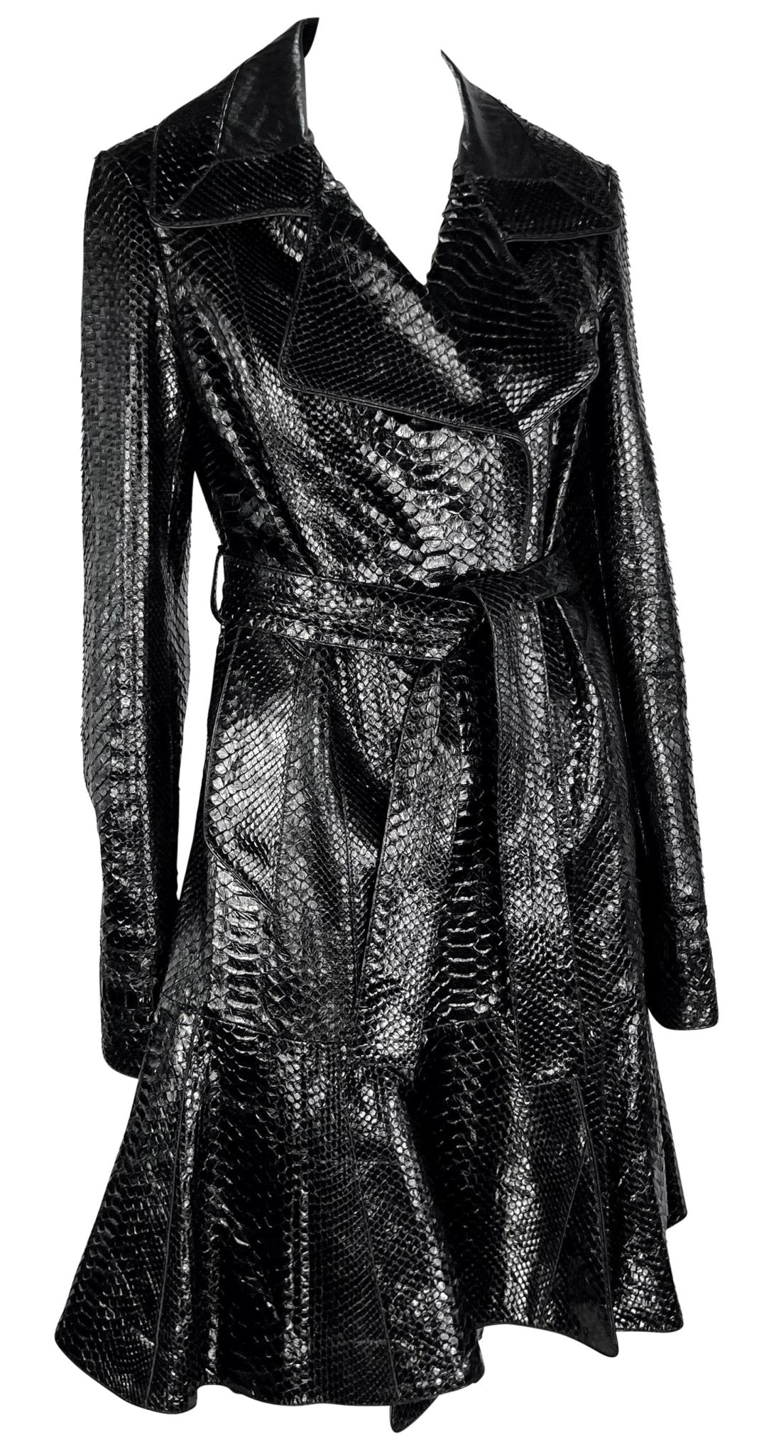 2000s Yves Saint Laurent by Tom Ford Black Python Skin Flared Hem Coat - RealList