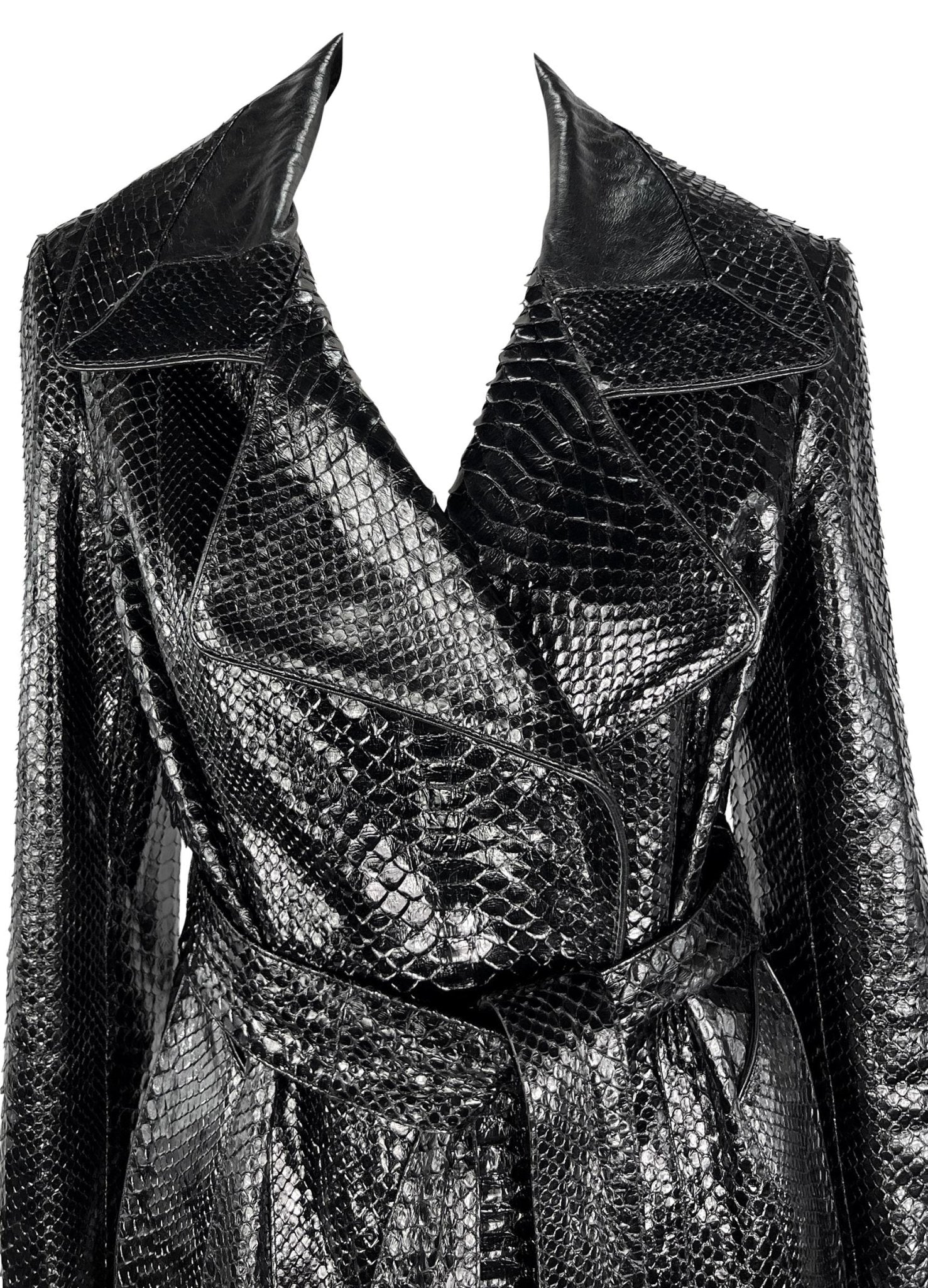 2000s Yves Saint Laurent by Tom Ford Black Python Skin Flared Hem Coat - RealList