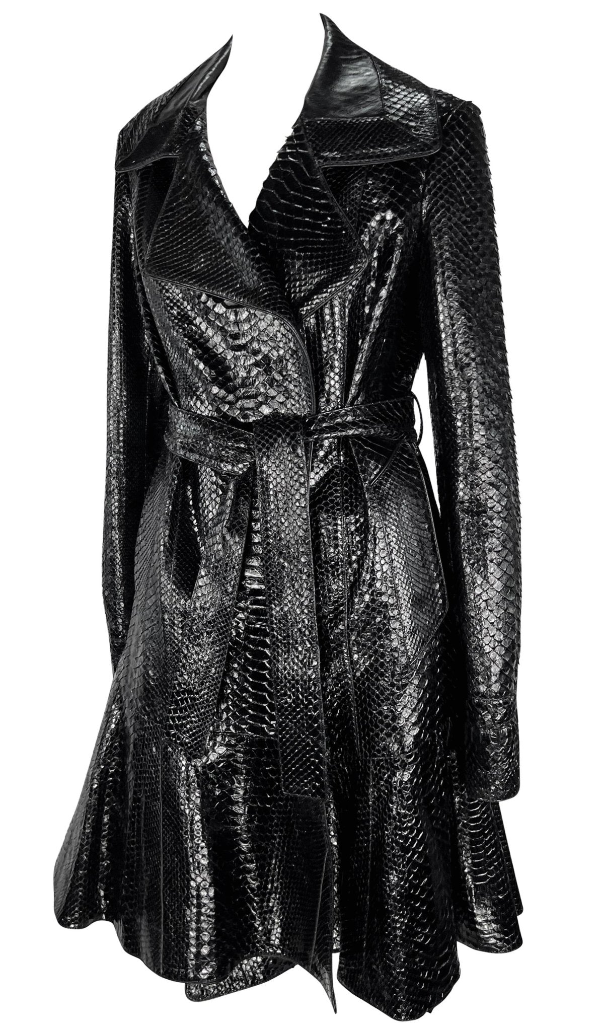 2000s Yves Saint Laurent by Tom Ford Black Python Skin Flared Hem Coat - RealList