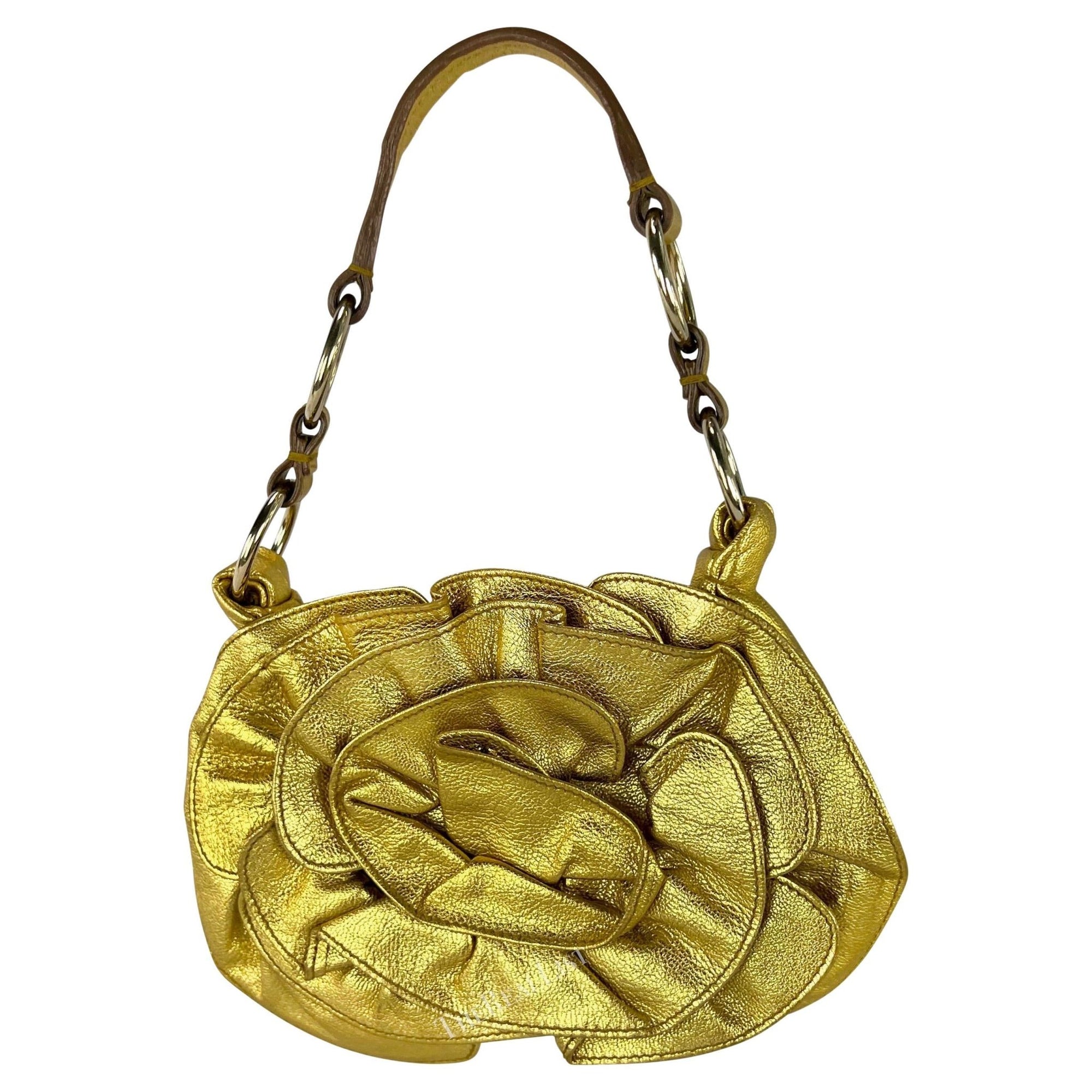 2000s Yves Saint Laurent by Tom Ford Gold Metallic Leather Floral Mini Bag - RealList