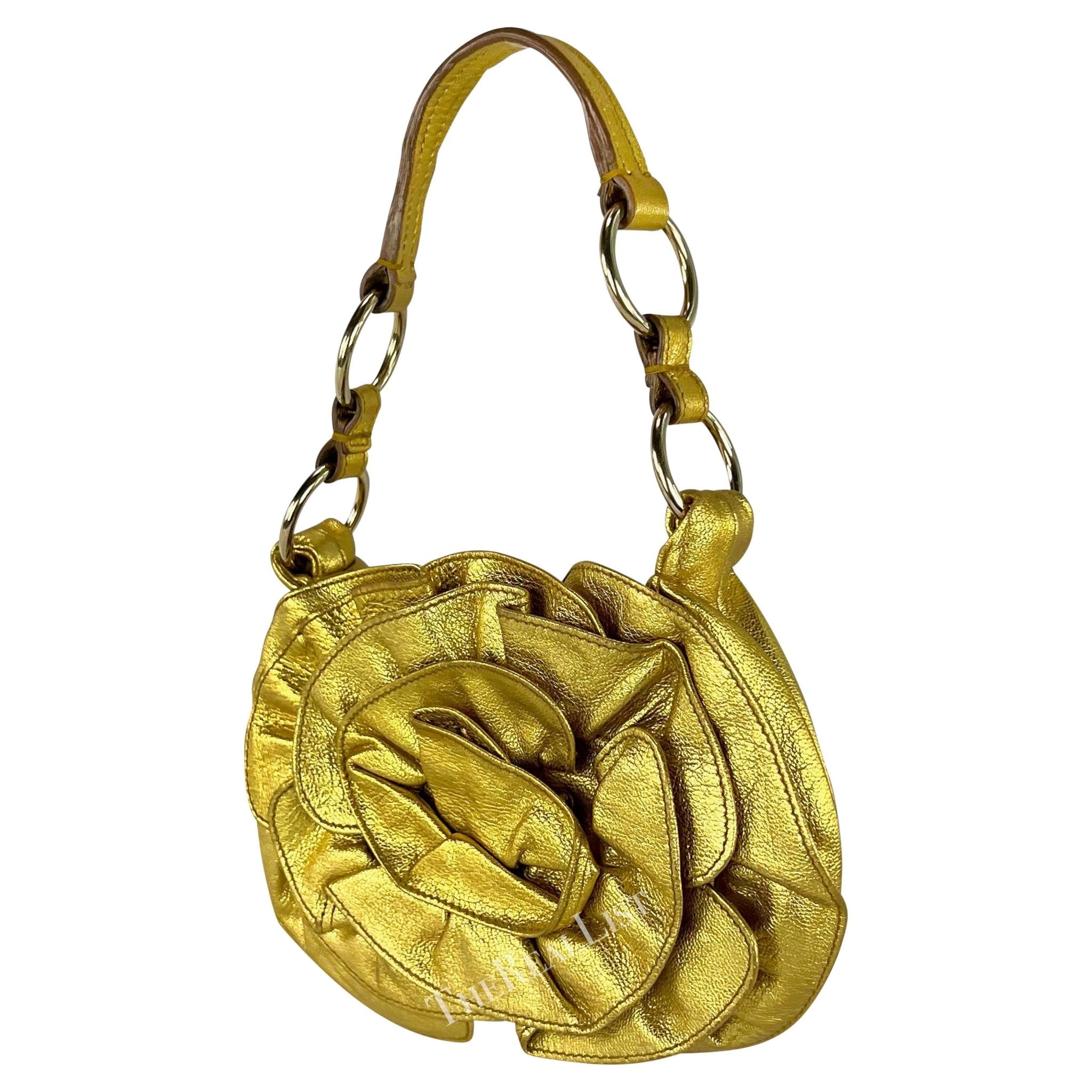 2000s Yves Saint Laurent by Tom Ford Gold Metallic Leather Floral Mini Bag - RealList