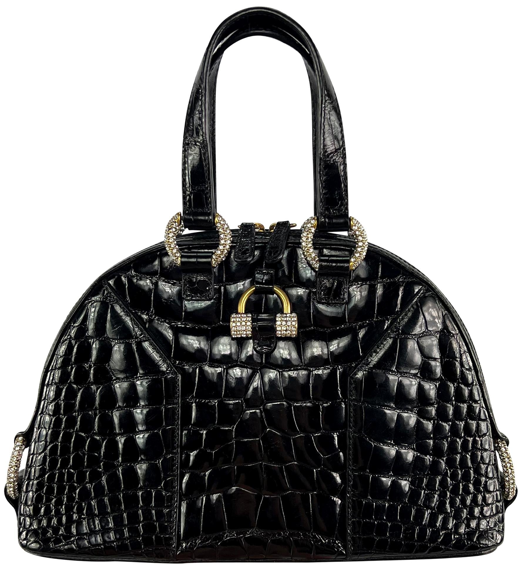2000s Yves Saint Laurent Genuine Crocodile Skin Rhinestone Black Mini Dome Bag - RealList