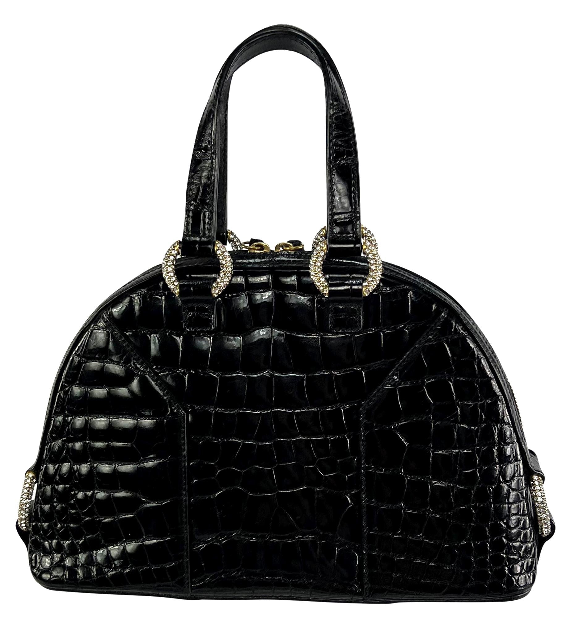 2000s Yves Saint Laurent Genuine Crocodile Skin Rhinestone Black Mini Dome Bag - RealList