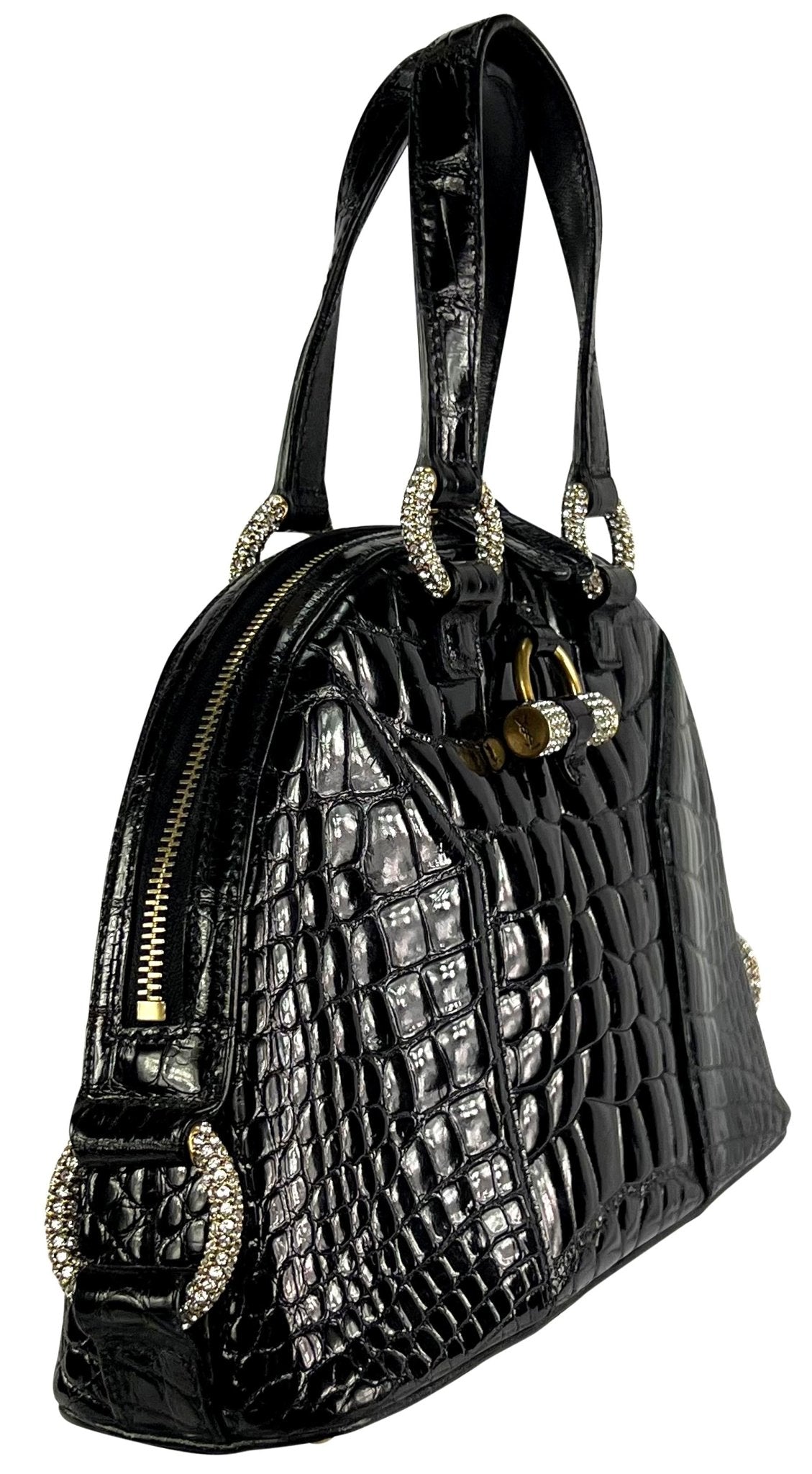 2000s Yves Saint Laurent Genuine Crocodile Skin Rhinestone Black Mini Dome Bag - RealList
