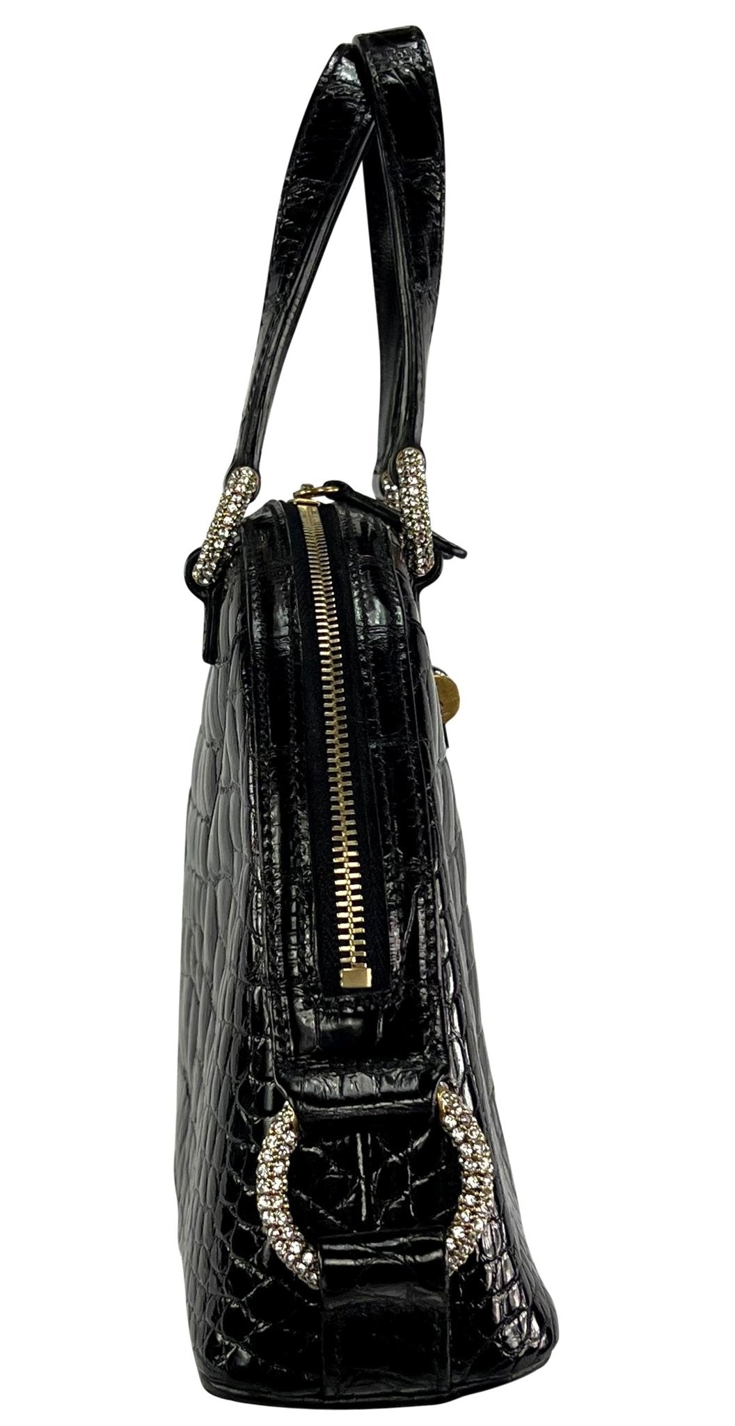 2000s Yves Saint Laurent Genuine Crocodile Skin Rhinestone Black Mini Dome Bag - RealList