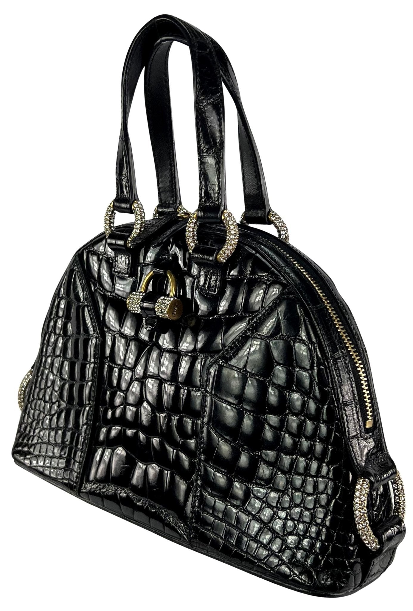 2000s Yves Saint Laurent Genuine Crocodile Skin Rhinestone Black Mini Dome Bag - RealList