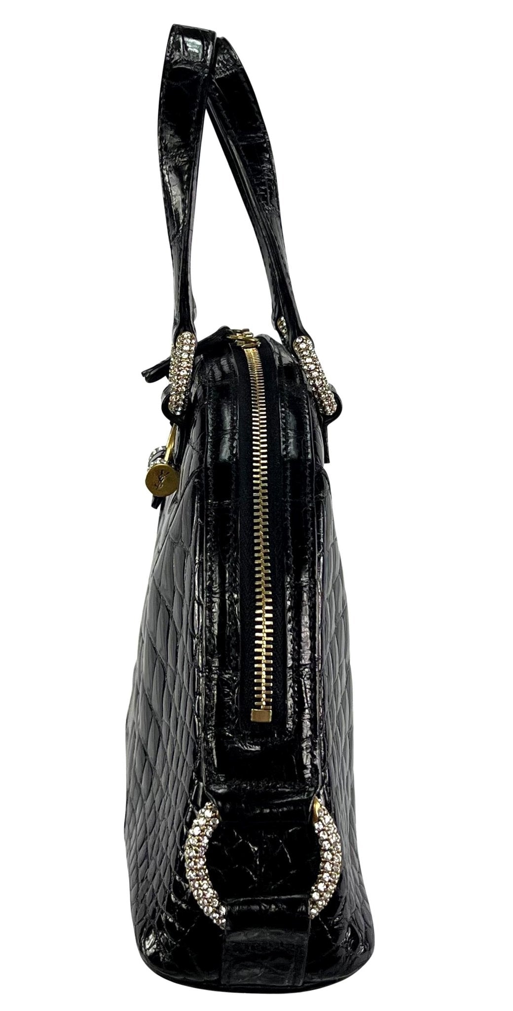 2000s Yves Saint Laurent Genuine Crocodile Skin Rhinestone Black Mini Dome Bag - RealList