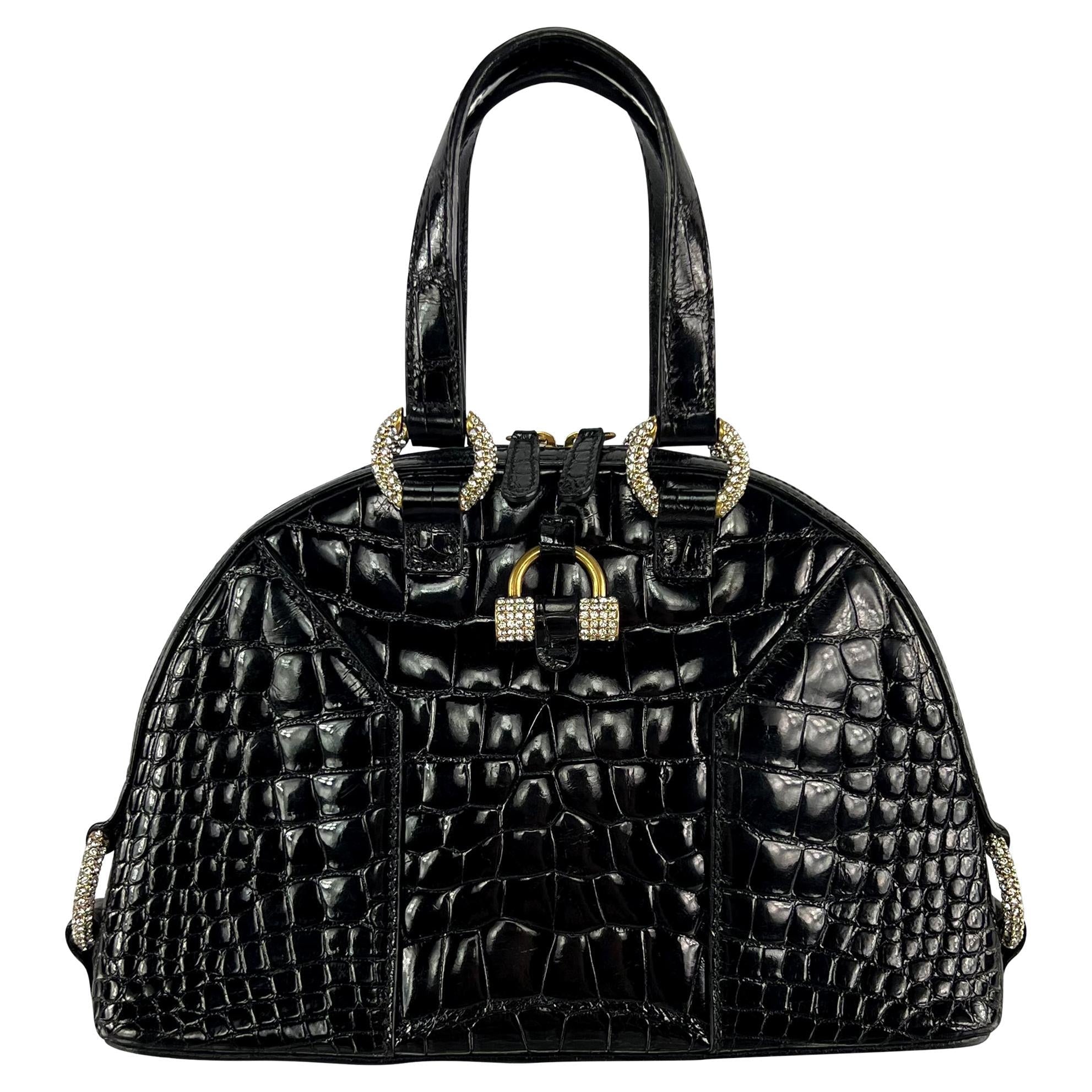 2000s Yves Saint Laurent Genuine Crocodile Skin Rhinestone Black Mini Dome Bag - RealList