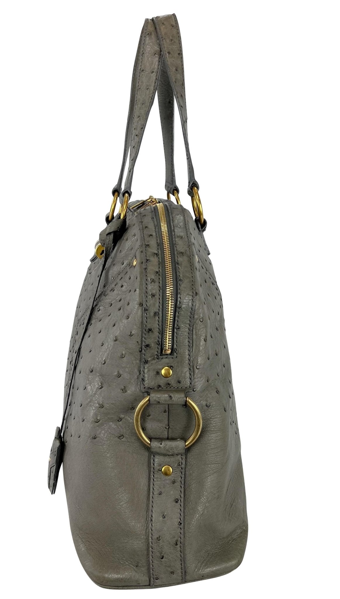 2000s Yves Saint Laurent Genuine Ostrich Skin XL Grey Muse Tote Bag - RealList