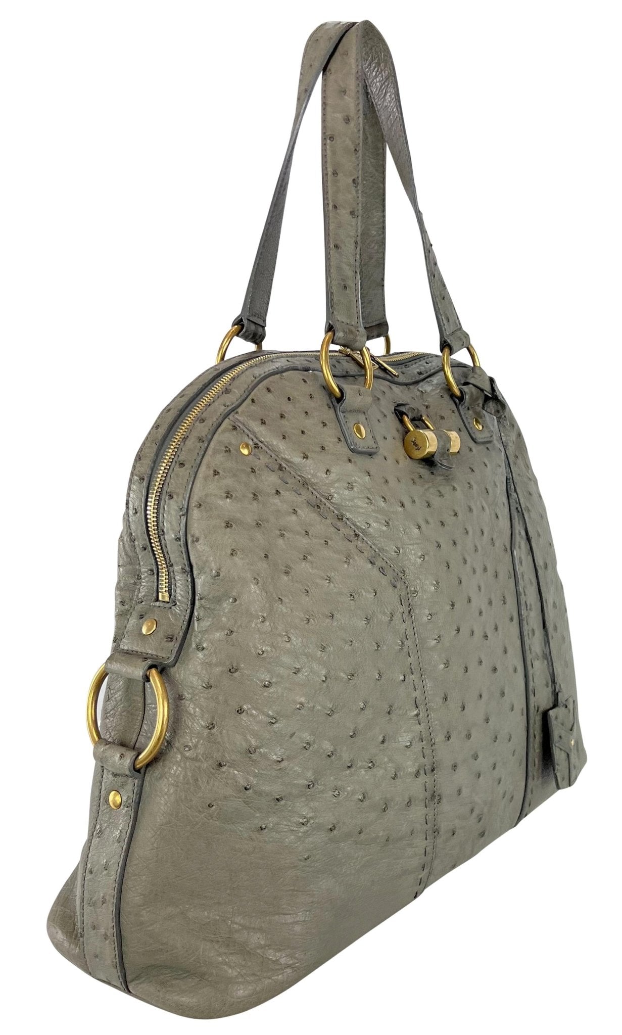 2000s Yves Saint Laurent Genuine Ostrich Skin XL Grey Muse Tote Bag - RealList