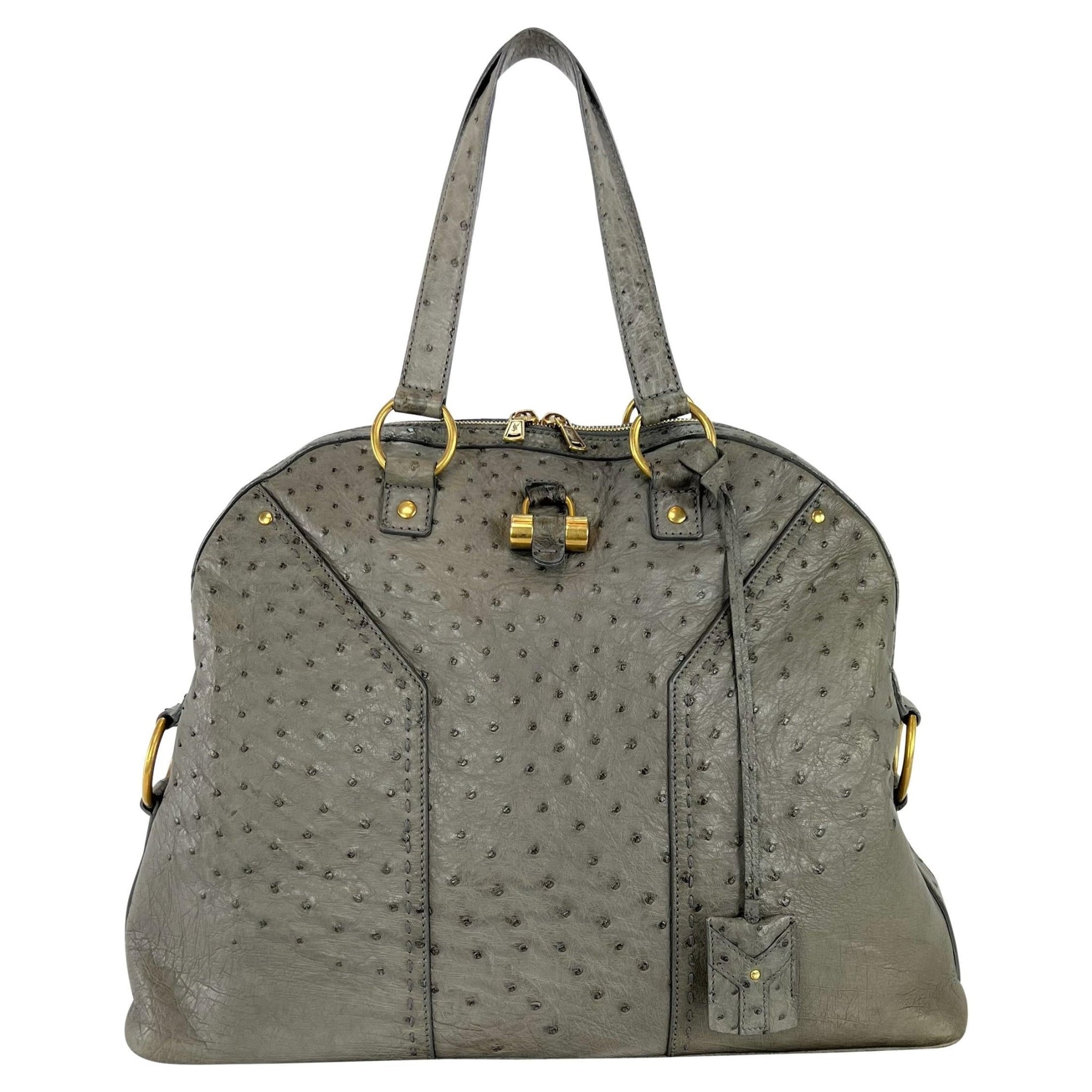 2000s Yves Saint Laurent Genuine Ostrich Skin XL Grey Muse Tote Bag - RealList