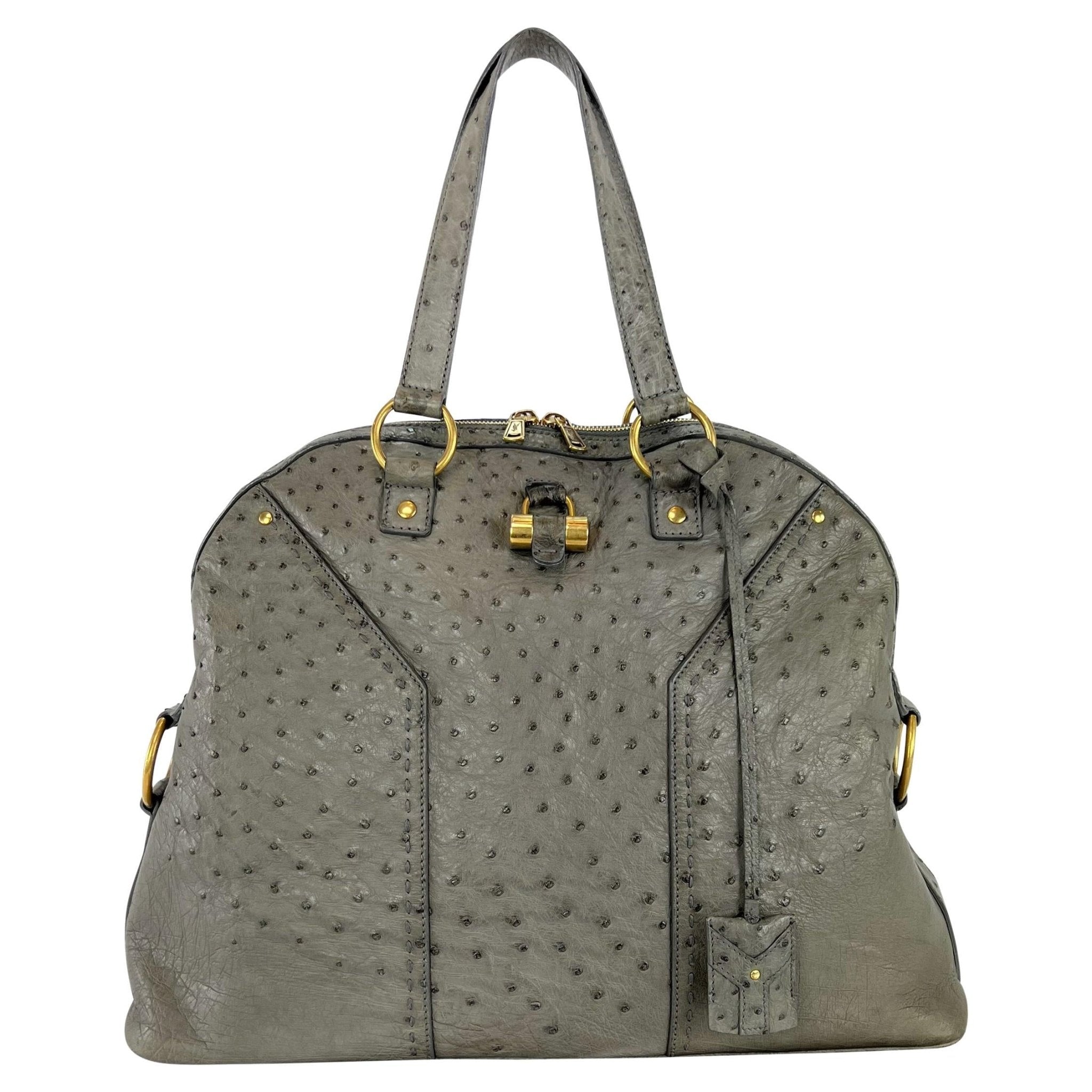 2000s Yves Saint Laurent Genuine Ostrich Skin XL Grey Muse Tote Bag - RealList