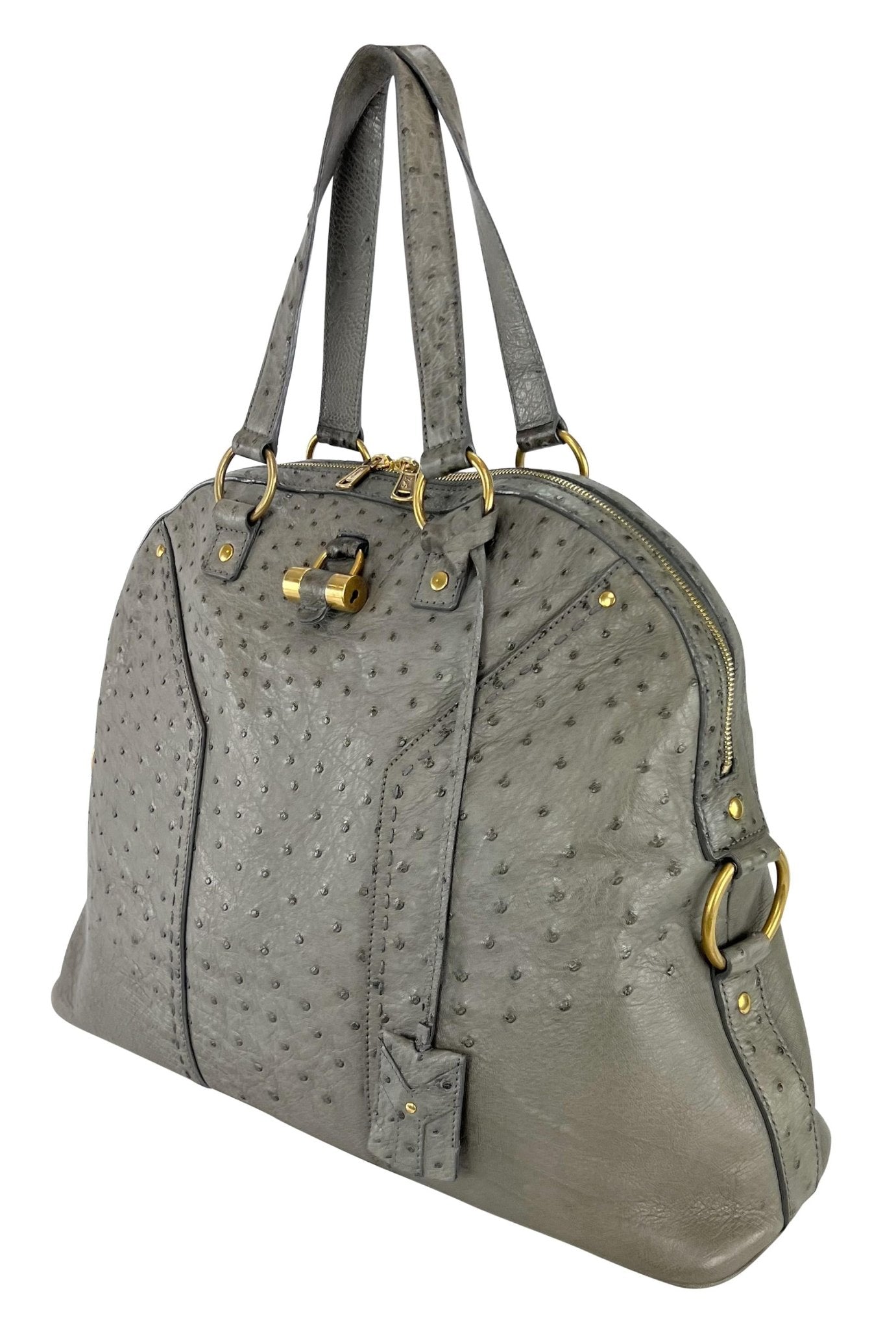 2000s Yves Saint Laurent Genuine Ostrich Skin XL Grey Muse Tote Bag - RealList