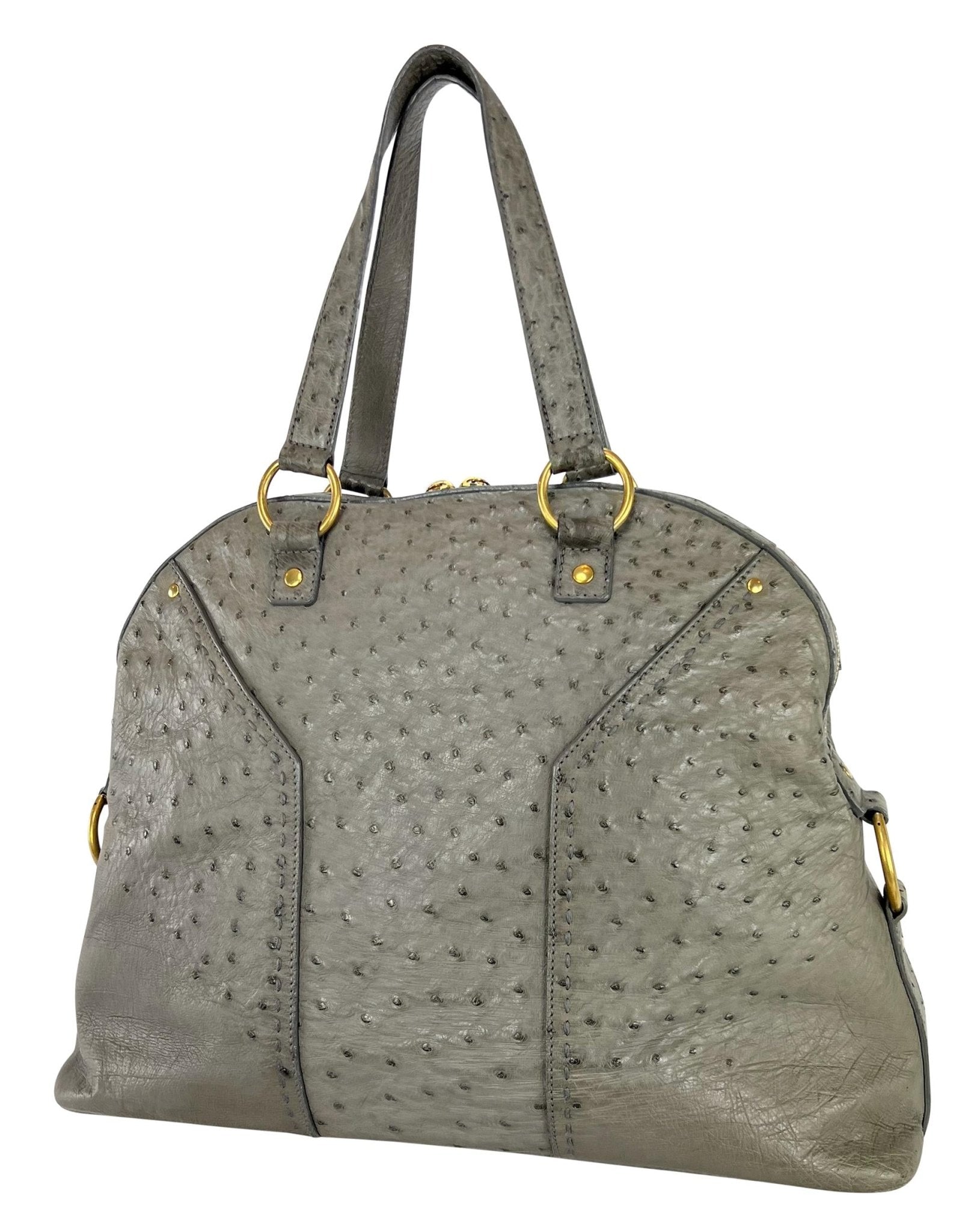 2000s Yves Saint Laurent Genuine Ostrich Skin XL Grey Muse Tote Bag - RealList