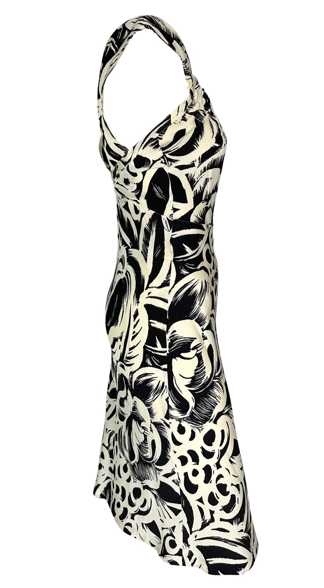 2002 Gucci by Tom Ford Abstract Black White Floral Logo Print Silk Dress - RealList