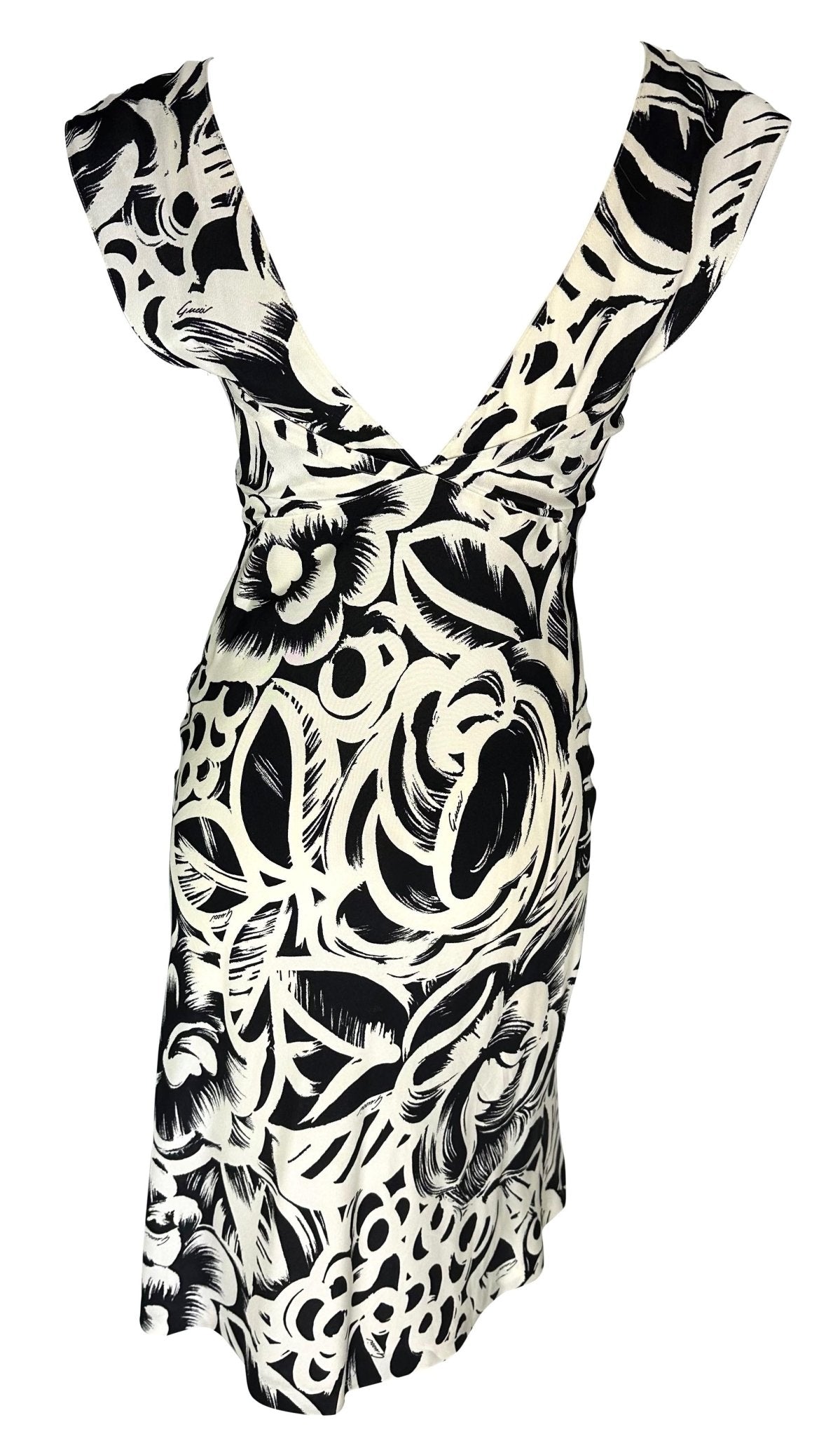 2002 Gucci by Tom Ford Abstract Black White Floral Logo Print Silk Dress - RealList