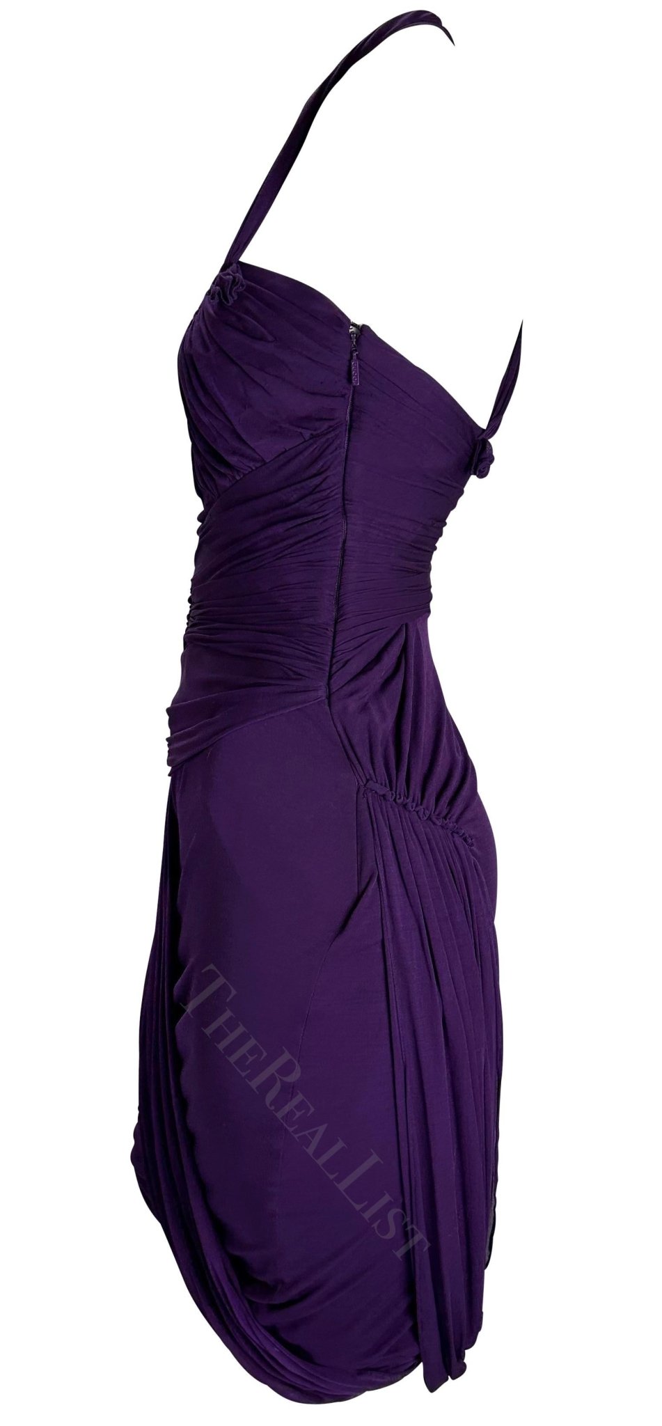 2002 Gucci by Tom Ford Ruched Purple Bandage Faux Wrap Silk Bodycon Mini Dress - RealList