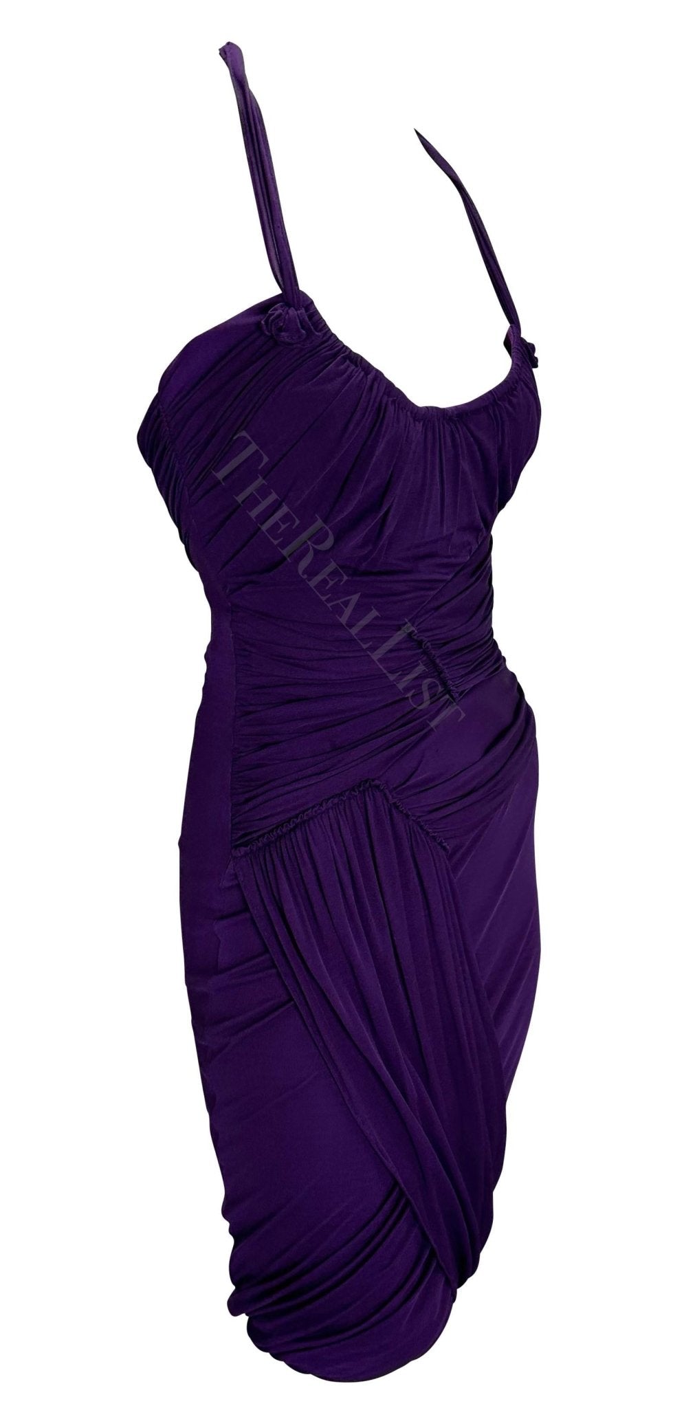 2002 Gucci by Tom Ford Ruched Purple Bandage Faux Wrap Silk Bodycon Mini Dress - RealList