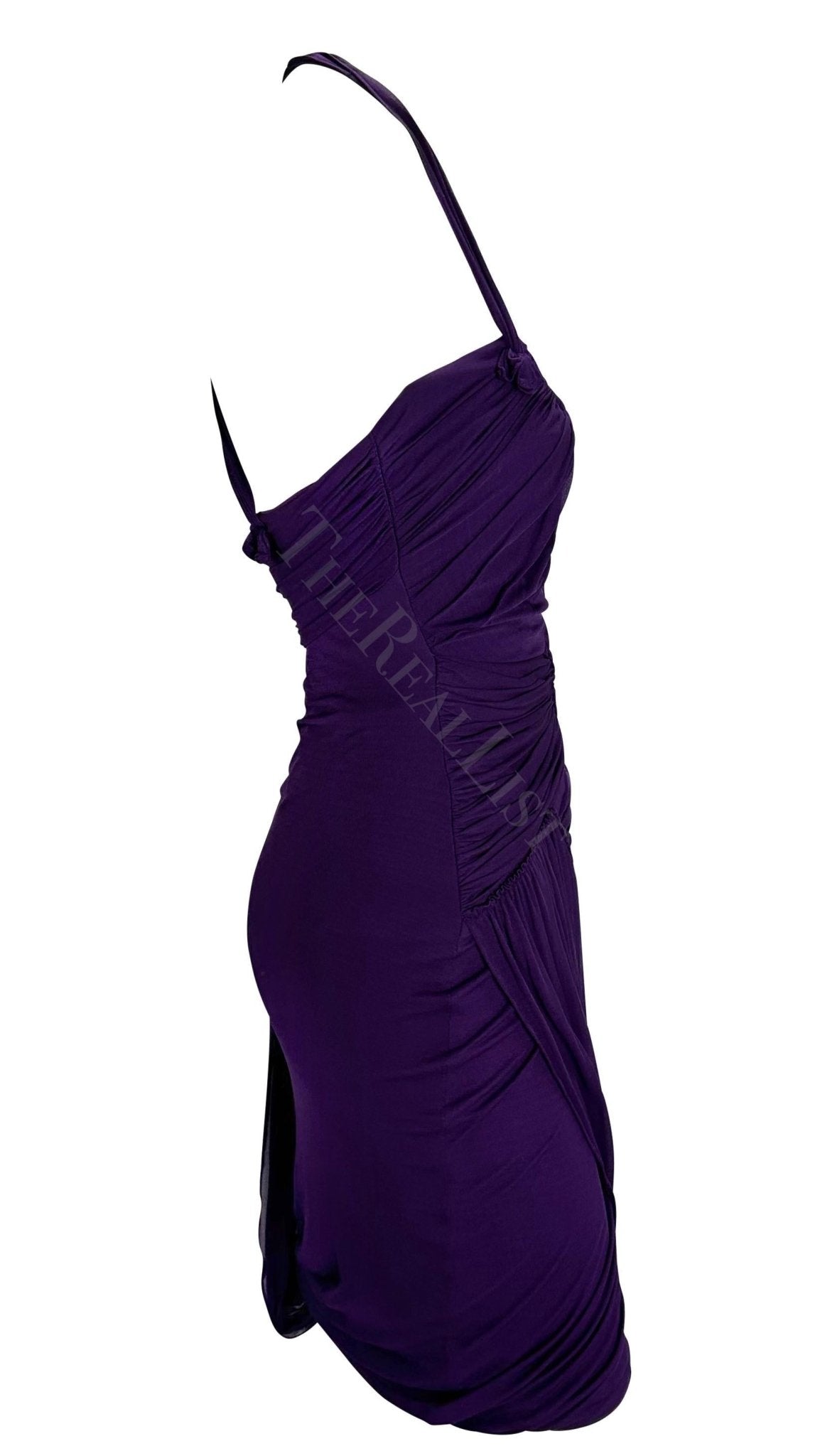2002 Gucci by Tom Ford Ruched Purple Bandage Faux Wrap Silk Bodycon Mini Dress - RealList