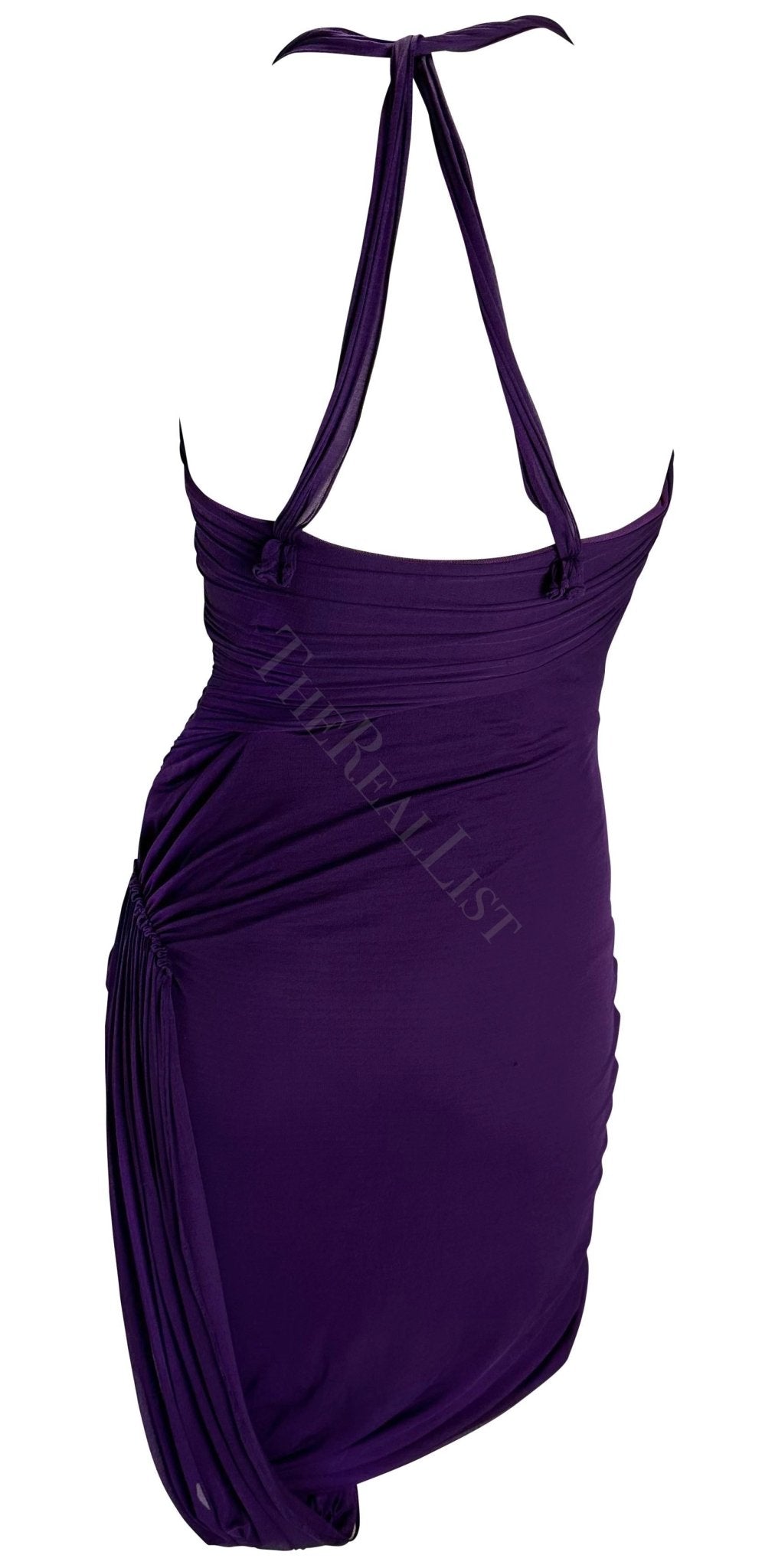 2002 Gucci by Tom Ford Ruched Purple Bandage Faux Wrap Silk Bodycon Mini Dress - RealList