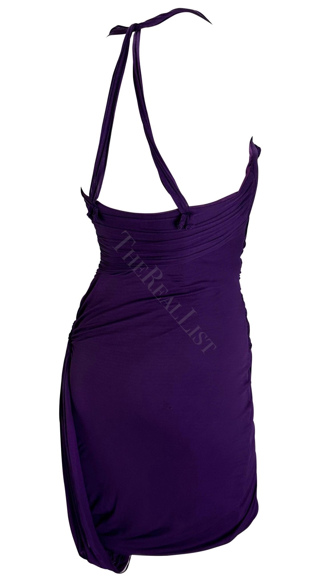 2002 Gucci by Tom Ford Ruched Purple Bandage Faux Wrap Silk Bodycon Mini Dress - RealList