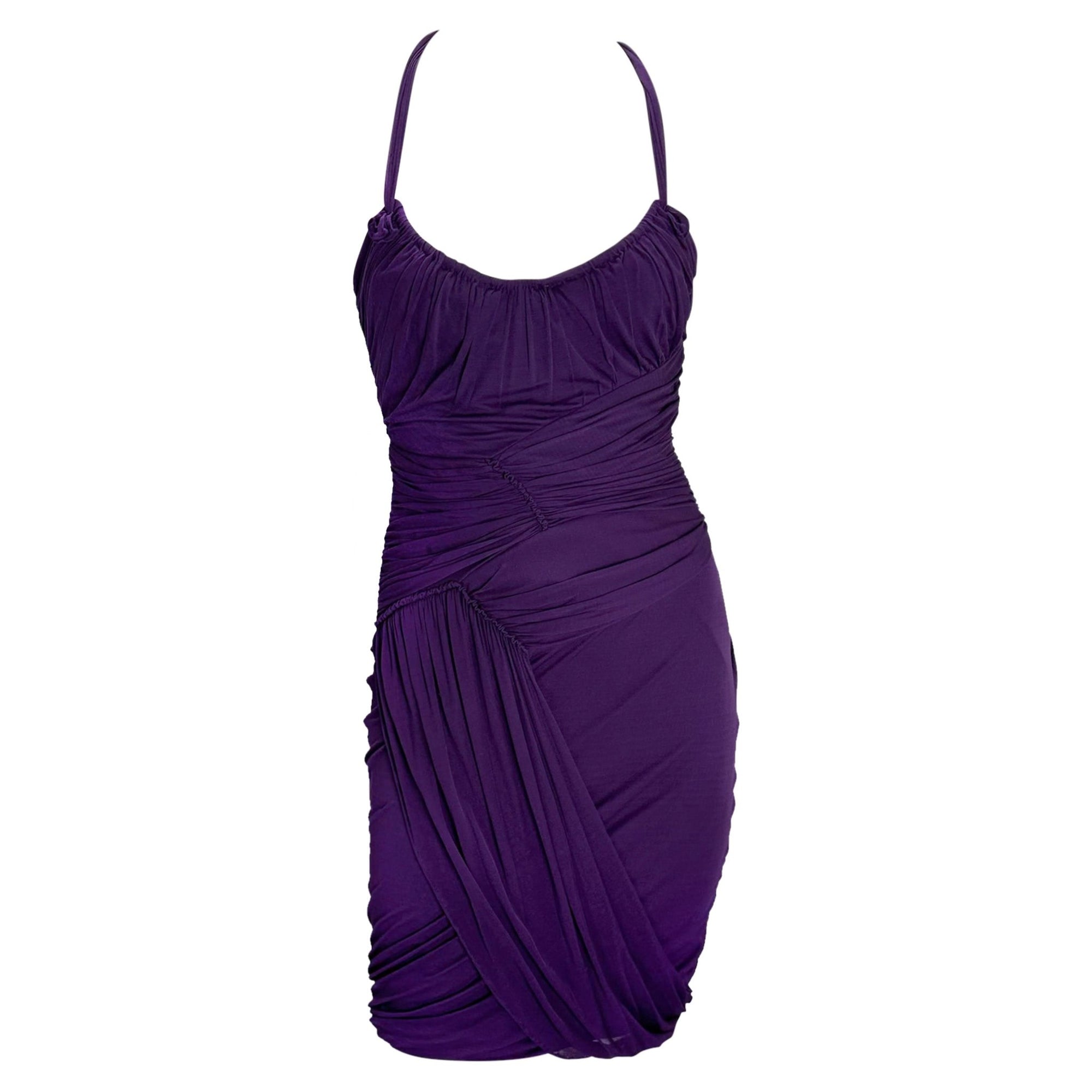 2002 Gucci by Tom Ford Ruched Purple Bandage Faux Wrap Silk Bodycon Mini Dress - RealList