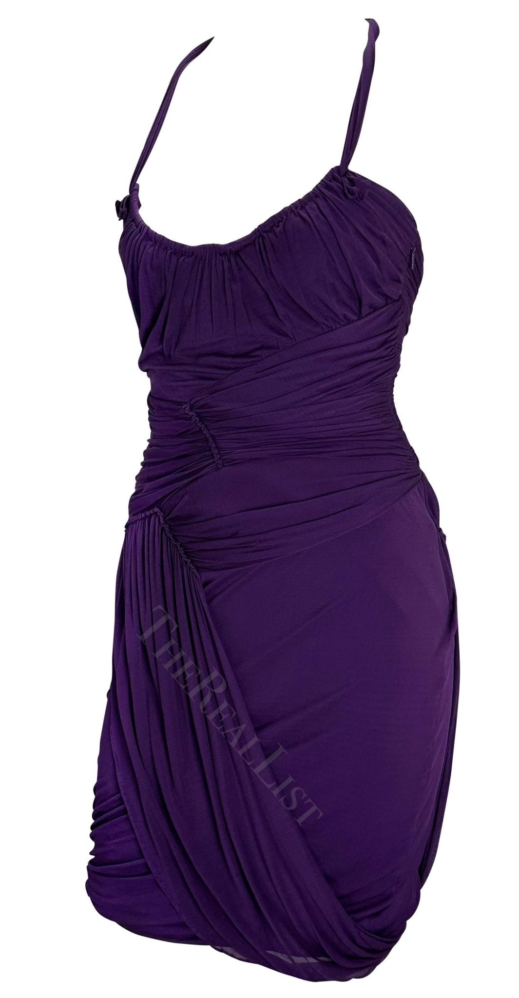 2002 Gucci by Tom Ford Ruched Purple Bandage Faux Wrap Silk Bodycon Mini Dress - RealList