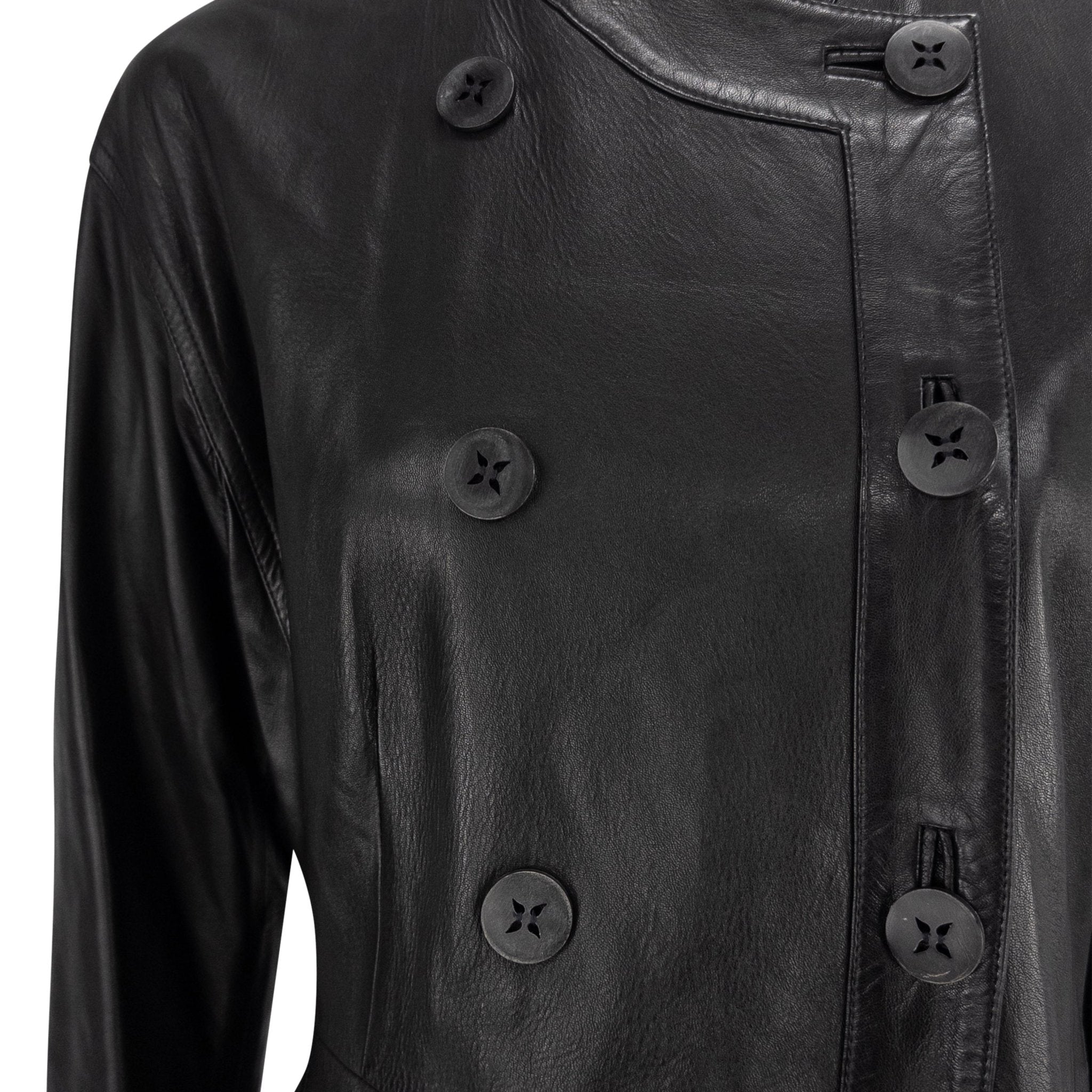 2002 John Galliano Black Lambskin Leather Double Breasted Coat - RealList