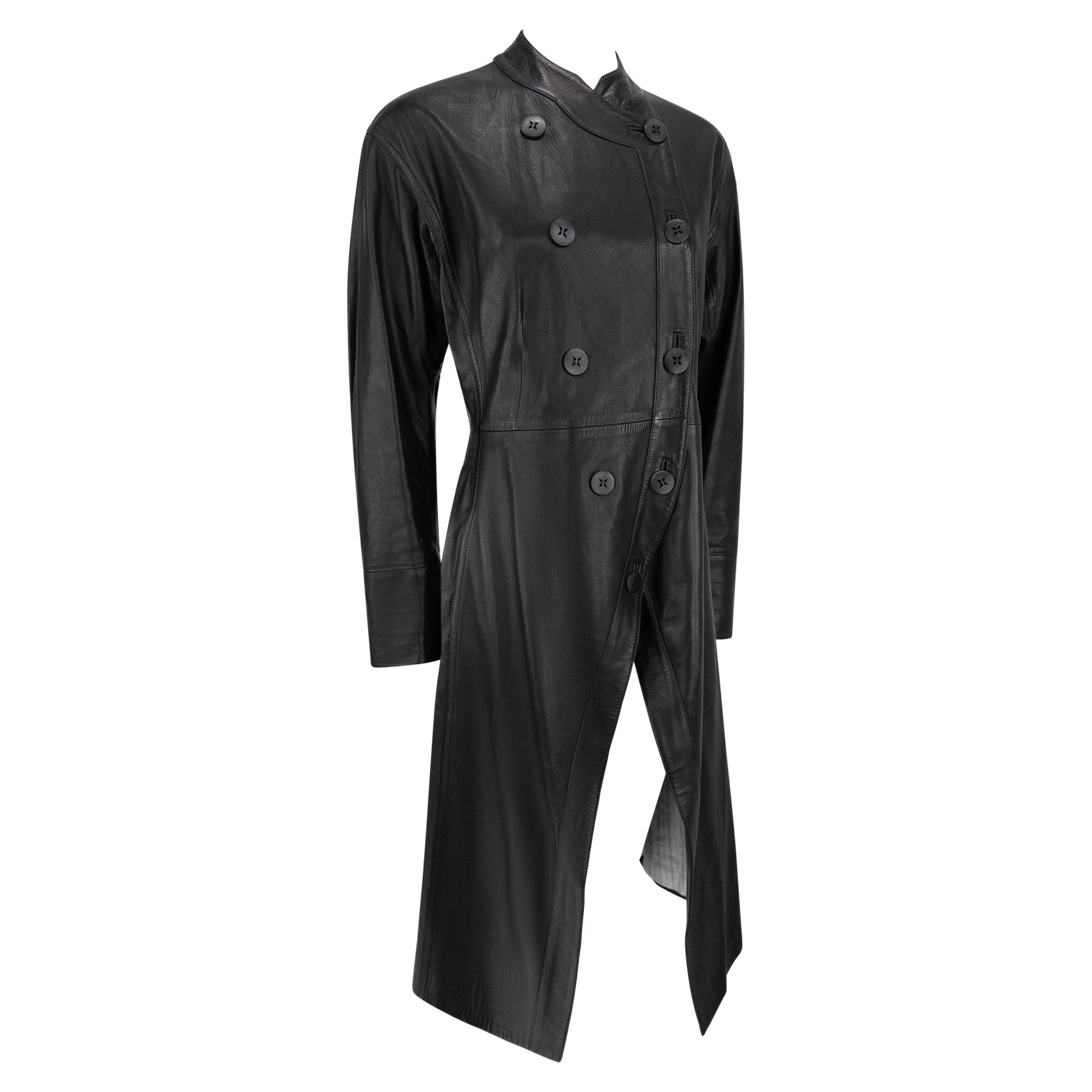 2002 John Galliano Black Lambskin Leather Double Breasted Coat - RealList