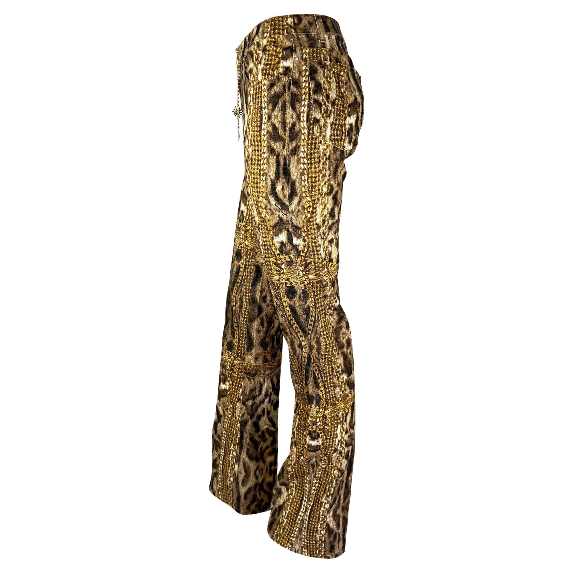 2003 Roberto Cavalli Animal Gold Chain Print Sun Heart Pendant Jeans - RealList