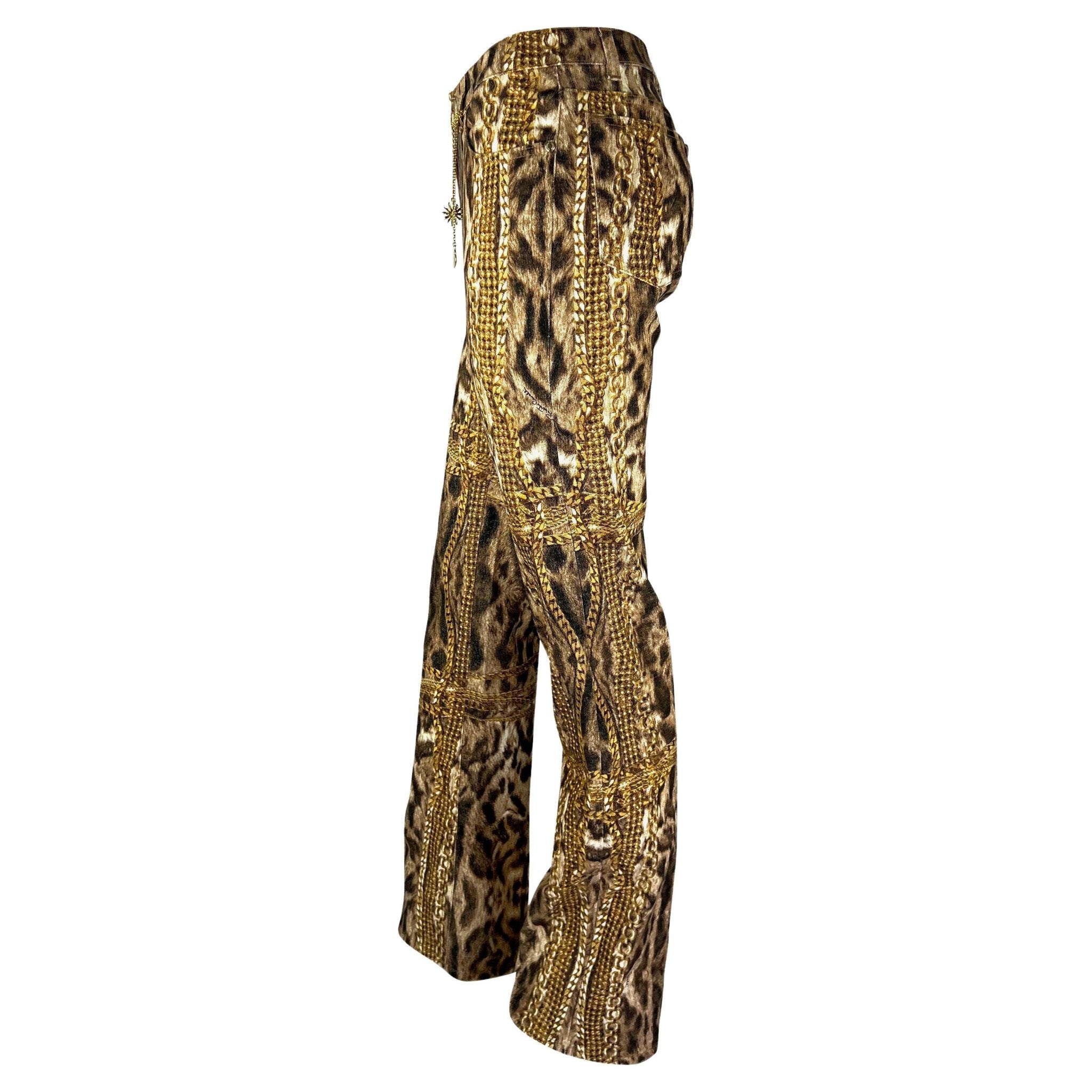 2003 Roberto Cavalli Animal Gold Chain Print Sun Heart Pendant Jeans - RealList