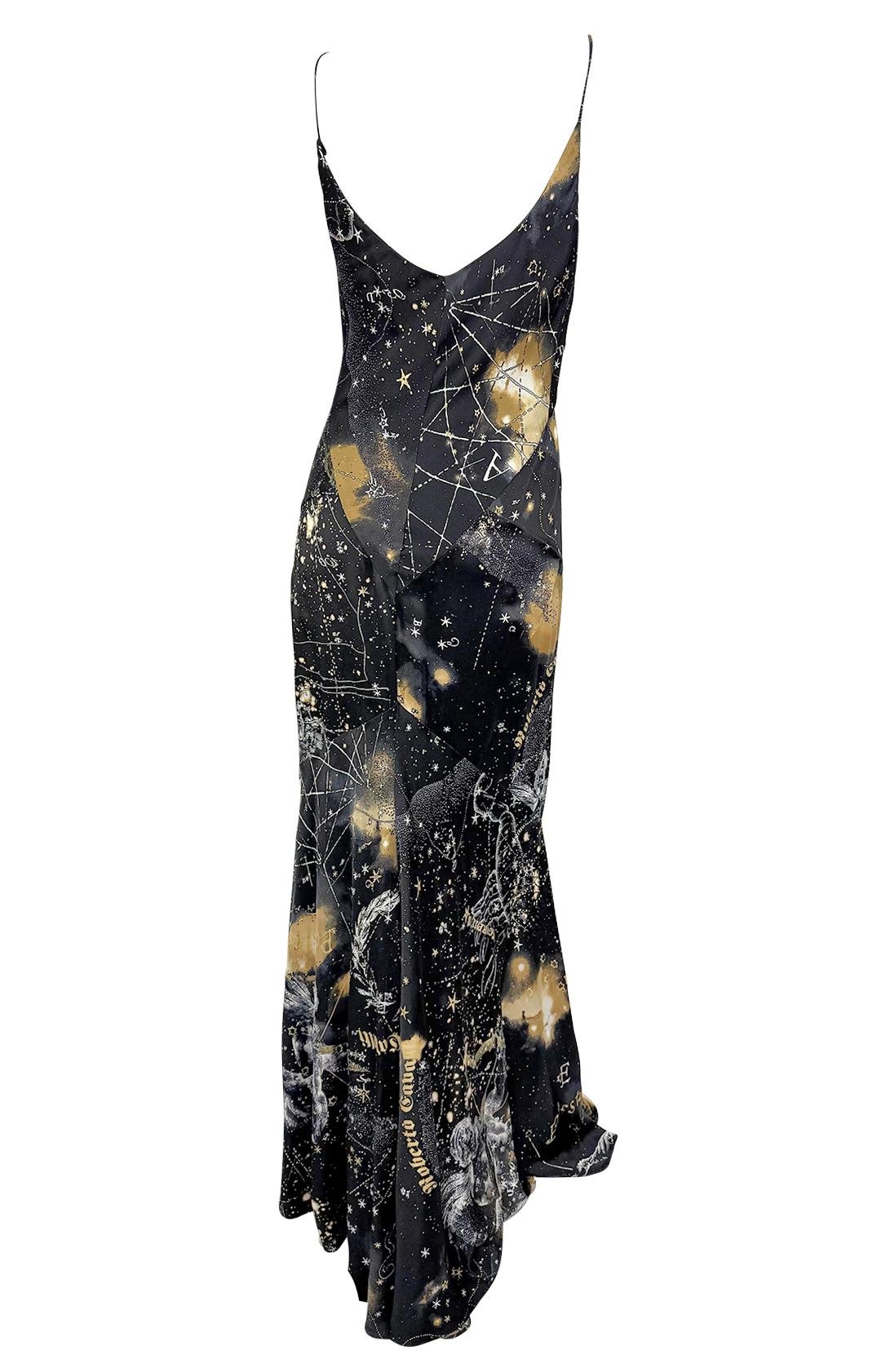 2003 Roberto Cavalli Astrology Logo Print Gold Glitter Silk Satin Evening Gown - RealList