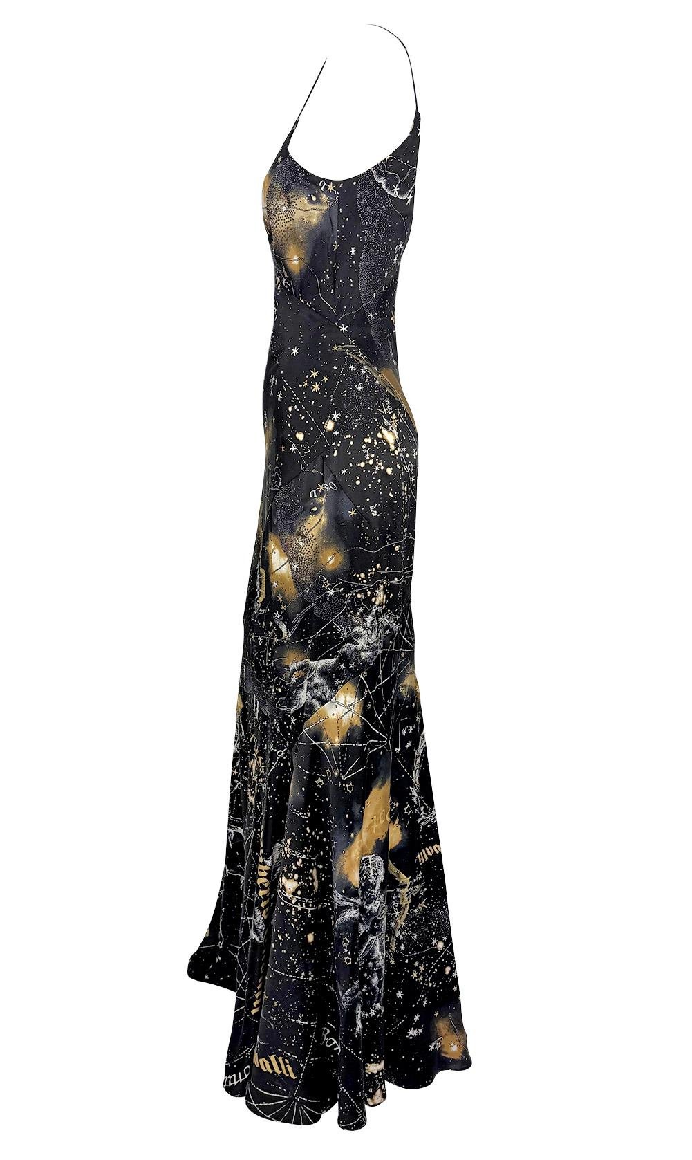 2003 Roberto Cavalli Astrology Logo Print Gold Glitter Silk Satin Evening Gown - RealList