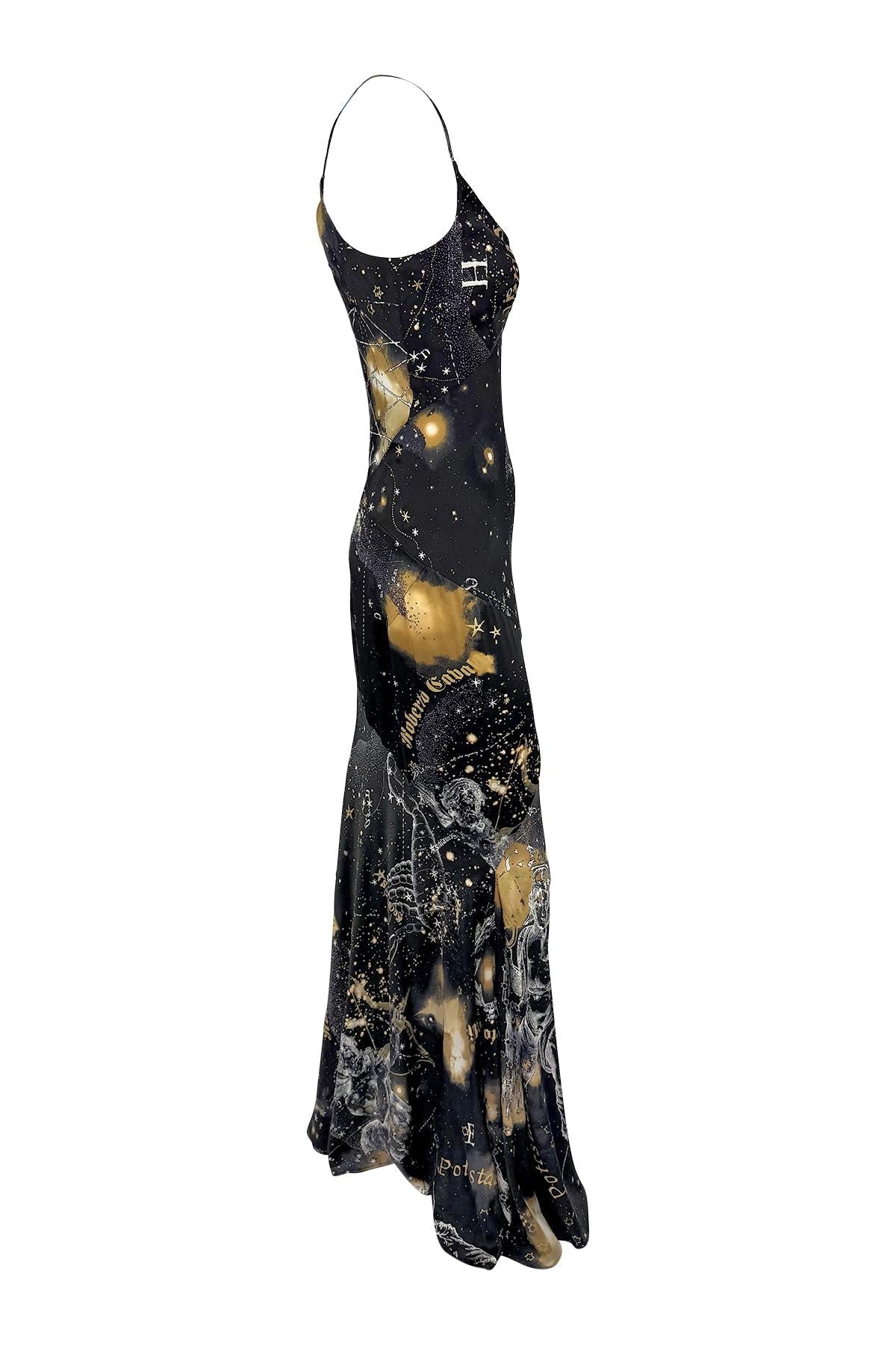 2003 Roberto Cavalli Astrology Logo Print Gold Glitter Silk Satin Evening Gown - RealList