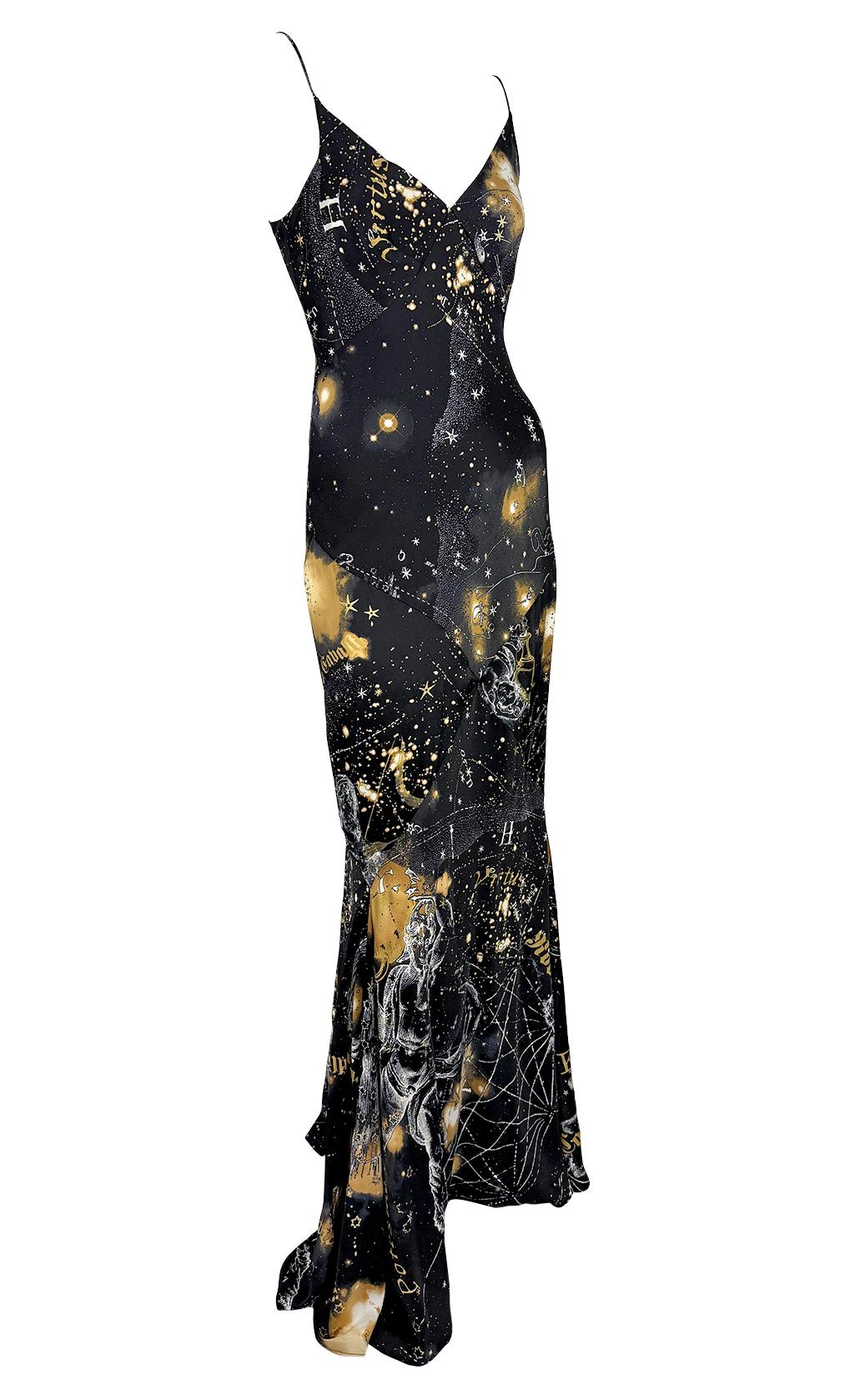 2003 Roberto Cavalli Astrology Logo Print Gold Glitter Silk Satin Evening Gown - RealList